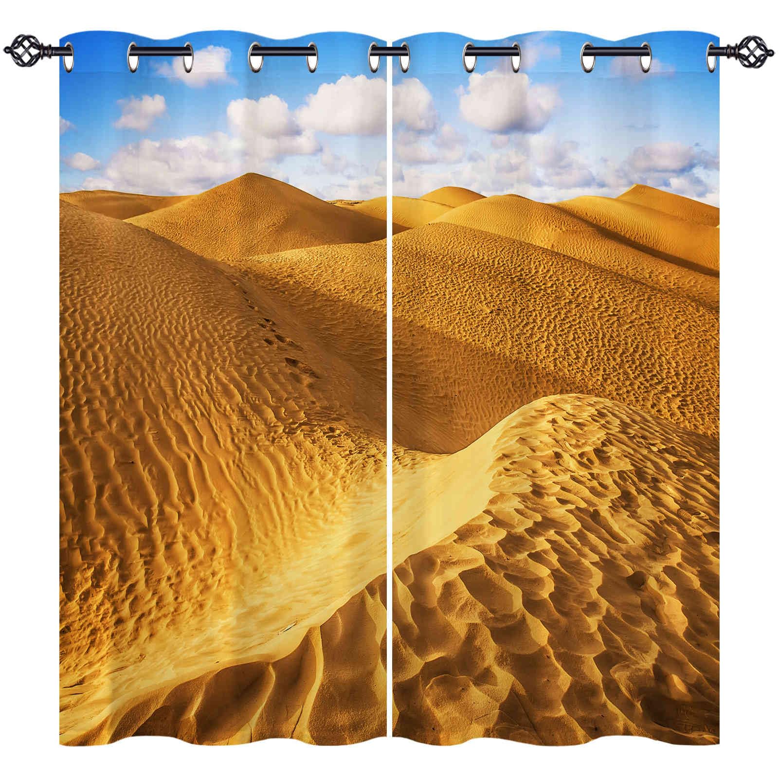 ANHOPE Desert Curtains Eyelet 80% Blackout Room Darkening Curtains with Nature Scenery Yellow Sand Scene Print Pattern Light Blocking Window Drapes for Bedroom Living Room 52 x 63 Inch Drop 2 Panels