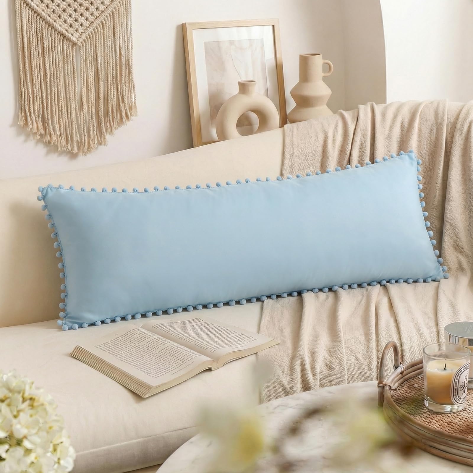 Sky Blue Body Pillow Cover 20x54 inches Boho Chic Pom Poms Fringe Decor Body Pillow Case Cover with Pocket Closure(Body,Sky Blue)