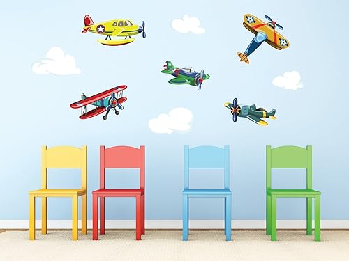 Calcomanías de pared vintage de tela de avión, juego de 5 planos, biplano y aviones de hélice con nubes, reutilizables y reposicionables