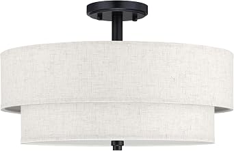 Leading Lighting 18 Inch Double Drum Linen Fabric Shade Black Semi Flush Mount Close to 4 Light Ceiling Light Fixture for Bedroom,Living Room,Dining Room Hallway