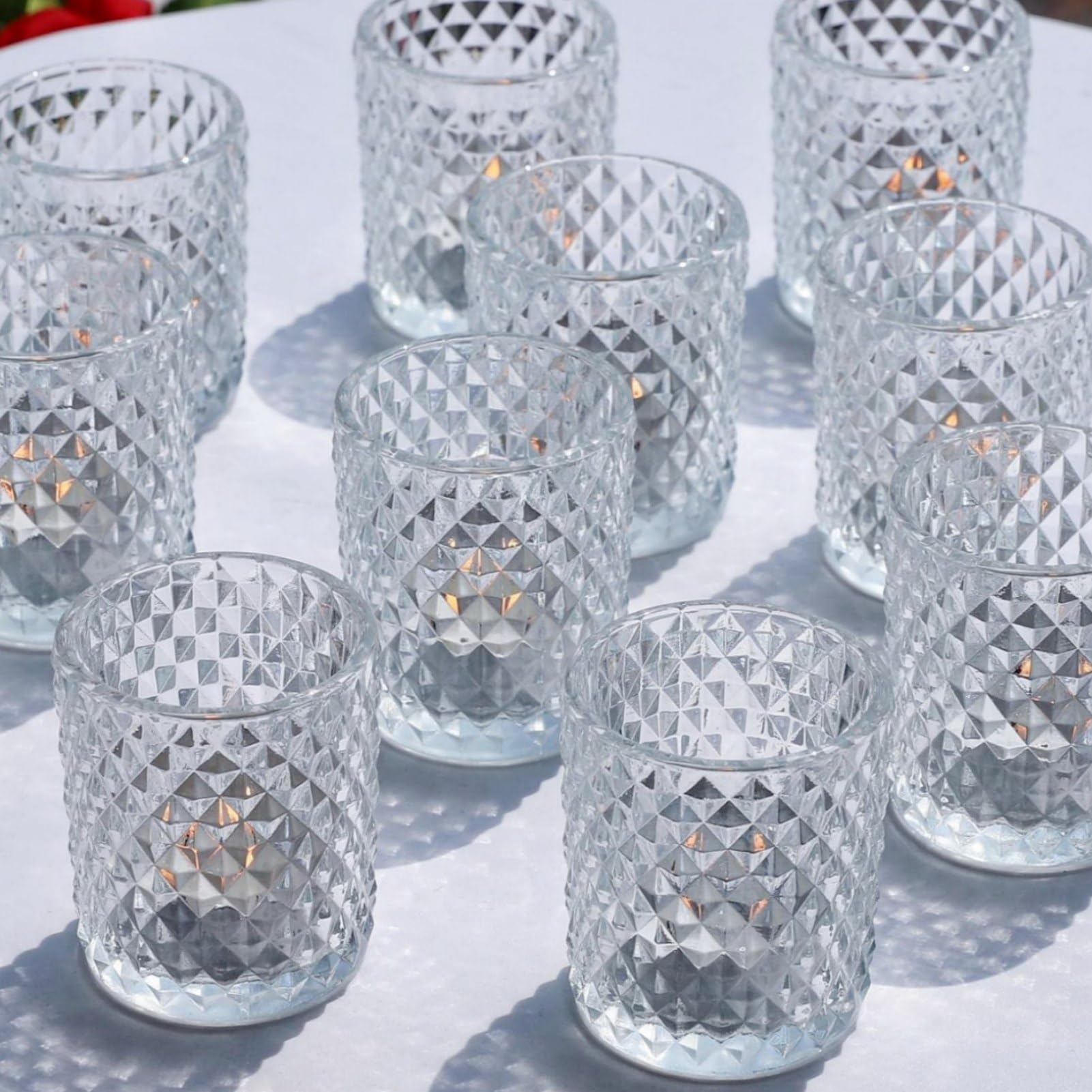 Diamant Photophore Verre, Lot de 12 Transparent Bougeoir Verre de Décoration d'Intérieur, Chandelier Bougeoir Chauffe-Plat pour Les Mariages et Les Fêtes d'anniversaire(5,5 cm x 6,5 cm)