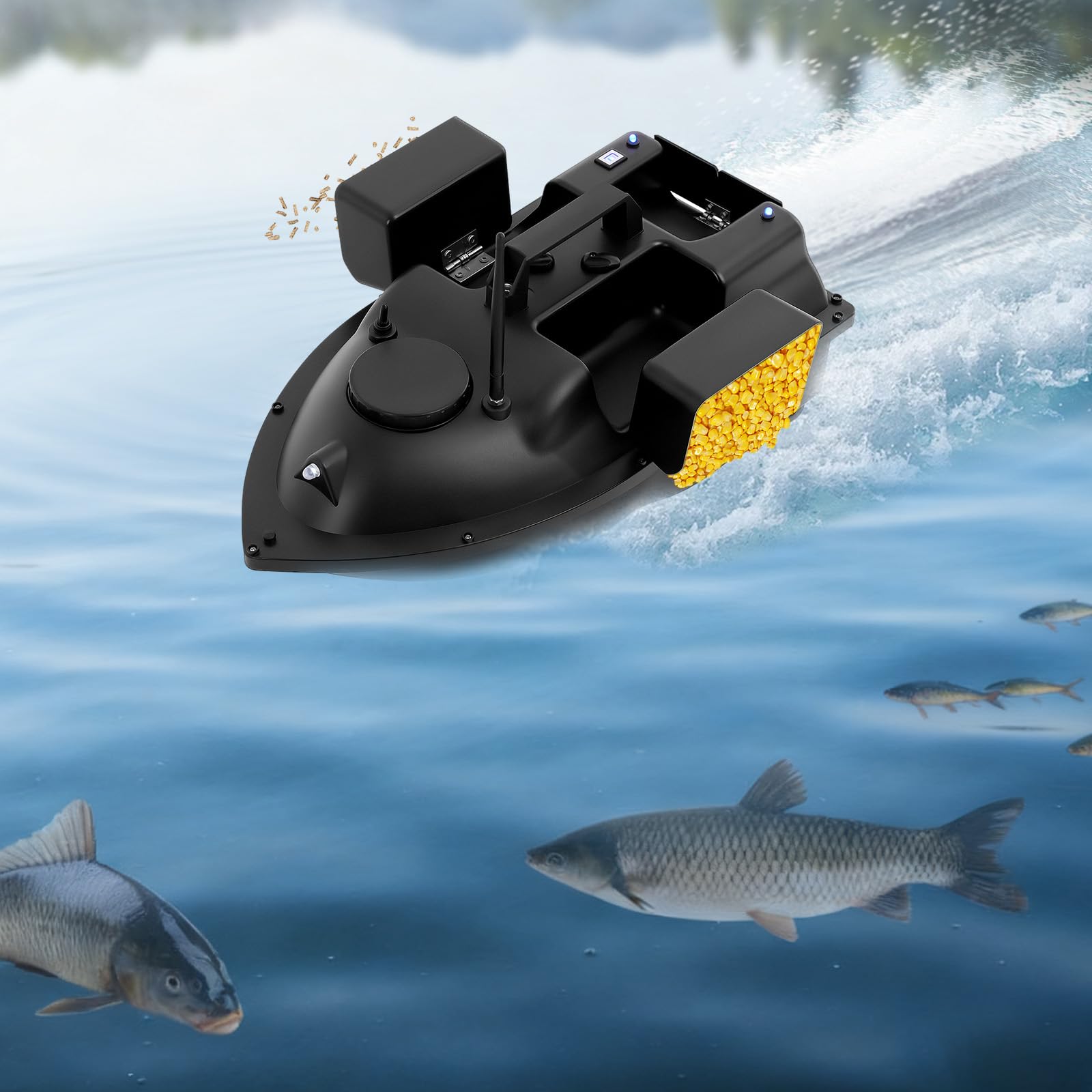 Barca da pesca radiocomandata da 500 m, con luce LED, carico da 2 kg, batteria da 5200 mAh, Cruise Control, ABS Bait Boat per pesca notturna, pesca alla carpa, fiume, nero
