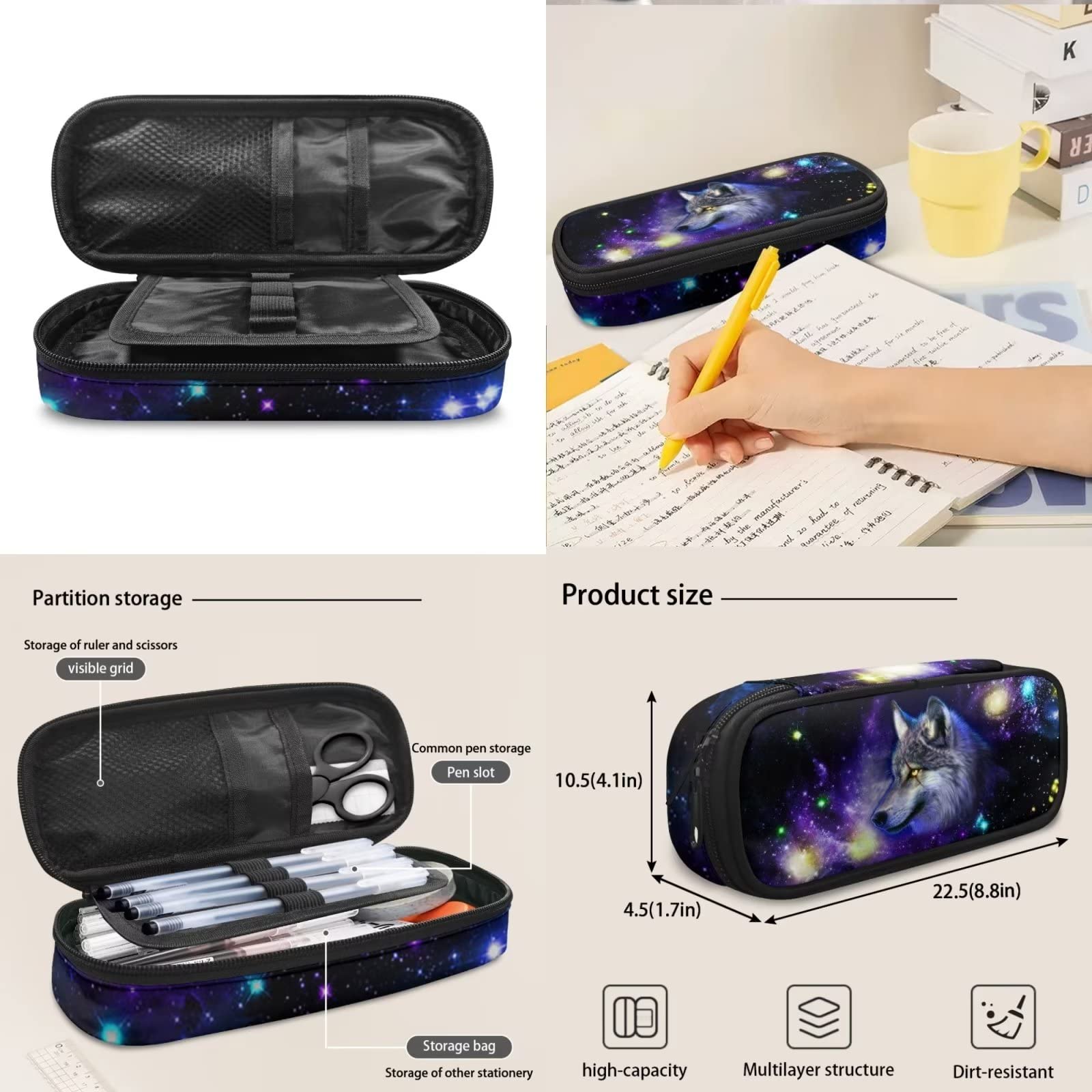 Dolyues Juego de bolsas escolares para niñas y niños, bolsa de libros de escuela primaria con bolsa de almuerzo y estuche para lápices, 3 piezas, Lobo Galaxia Púrpura, Mochila infantil