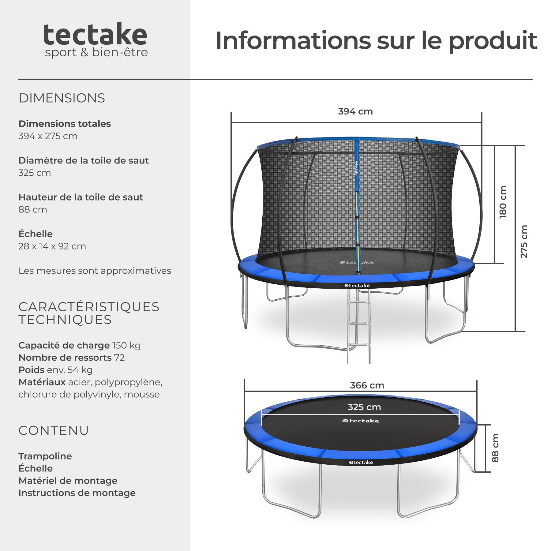 tectake® Trampoline, Trampoline de Jardin, Ø 244/305/366 cm, Certifié GS, Équipement Sportif pour Entraînement, Endurance et l'Équilibre, Filet de sécurité pour Enfants, Échelle, Bordure rembourrée