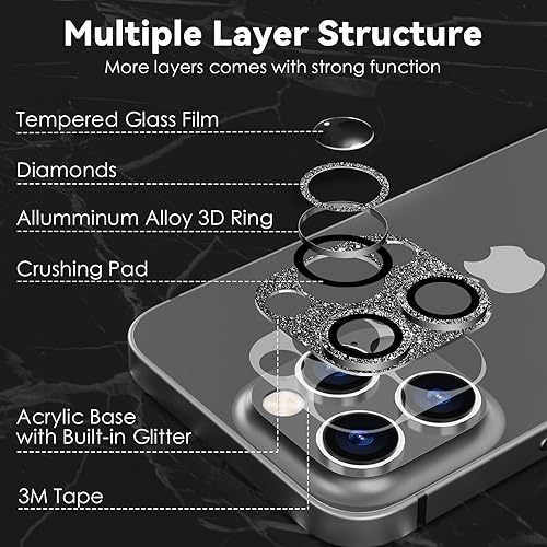Miniatura 6 de CloudValley Protector de lente de cámara con purpurina para iPhone 14 ProiPhone 14 Pro Max, vidrio templado 9H diseño todo en 1, compatible con