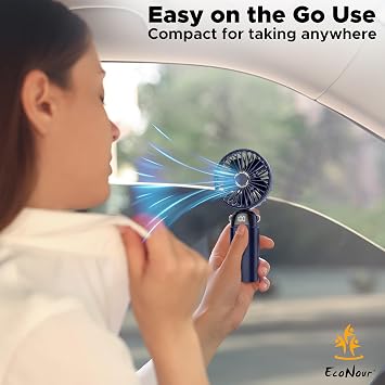 EcoNour Portable Handheld Fan | USB Rechargeable Mini Fan with 5 Speeds | LED Display and Foldable Design | Battery Operated Mini Fan for Home, Office, Bedroom, and Travel