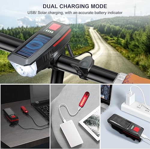 Miniatura 4 de Luces de bicicleta delanteras y traseras, luces de bicicleta superbrillantes para conducción nocturna, impermeables, solares y recargables por USB,