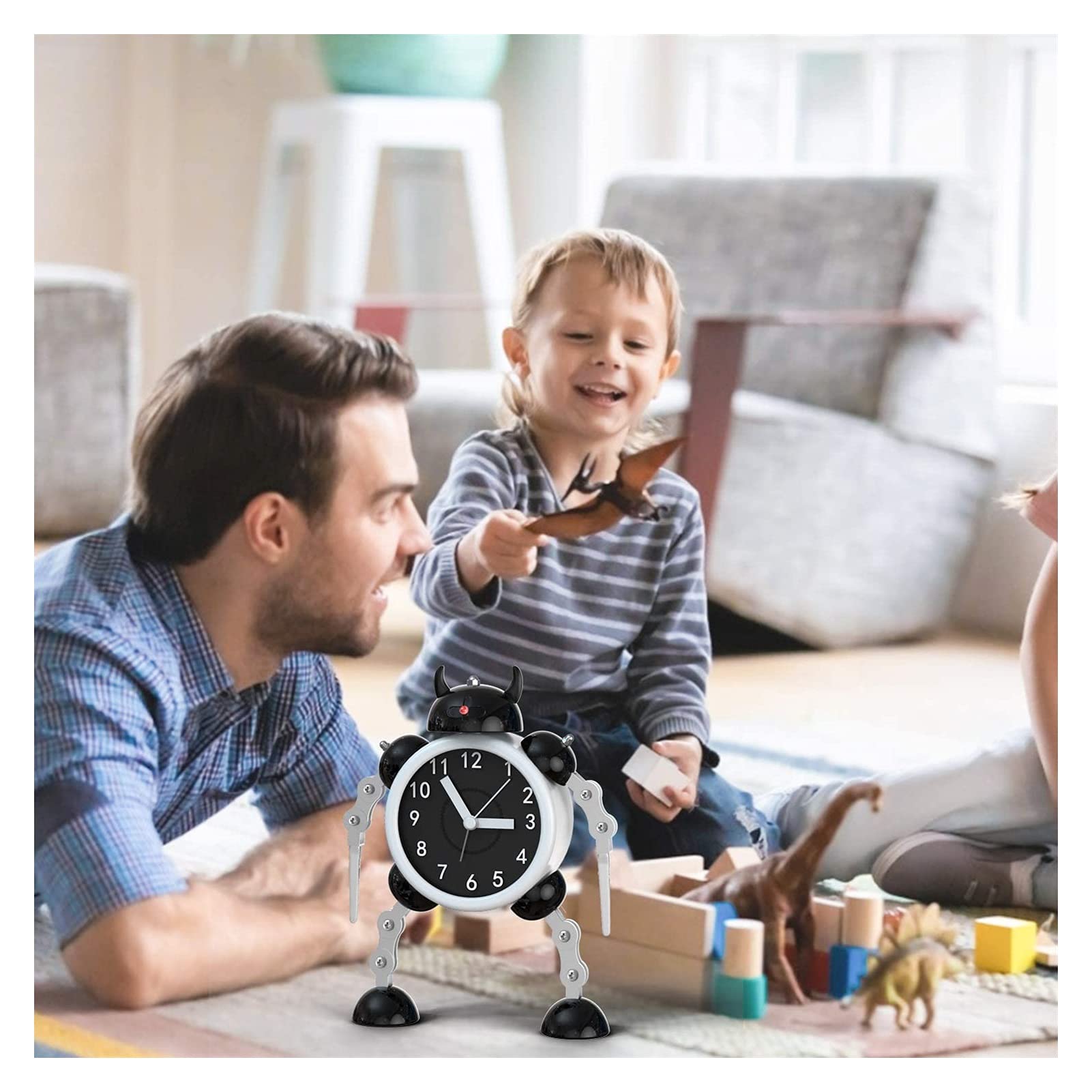 Budzik dla dzieci, robot budzik dzieci analogowy budzik bez tyknięcia cichego budzika dla chłopców dziewcząt, najlepszy prezent (niebieski) (Color : Black)