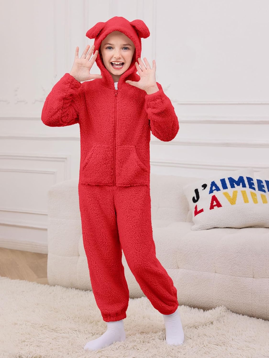 rrhss Girls Sherpa Fleece Onesie Pajamas Kids Zip-Front Animal One-Piece Hooded Sleepwear 5-14 Years - Image 2
