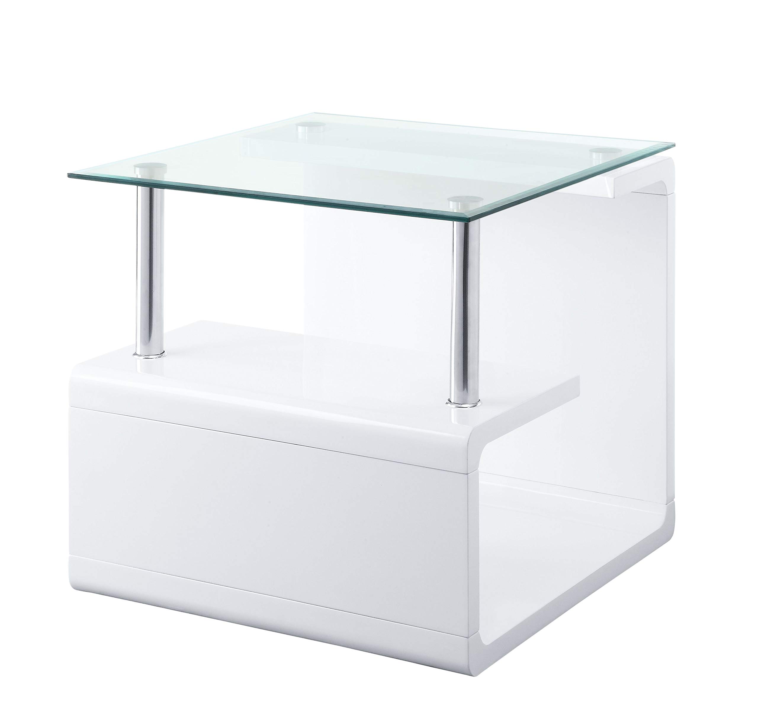 Acme Nevaeh Square Wooden End Table with Glass Top in Clear and White High Gloss