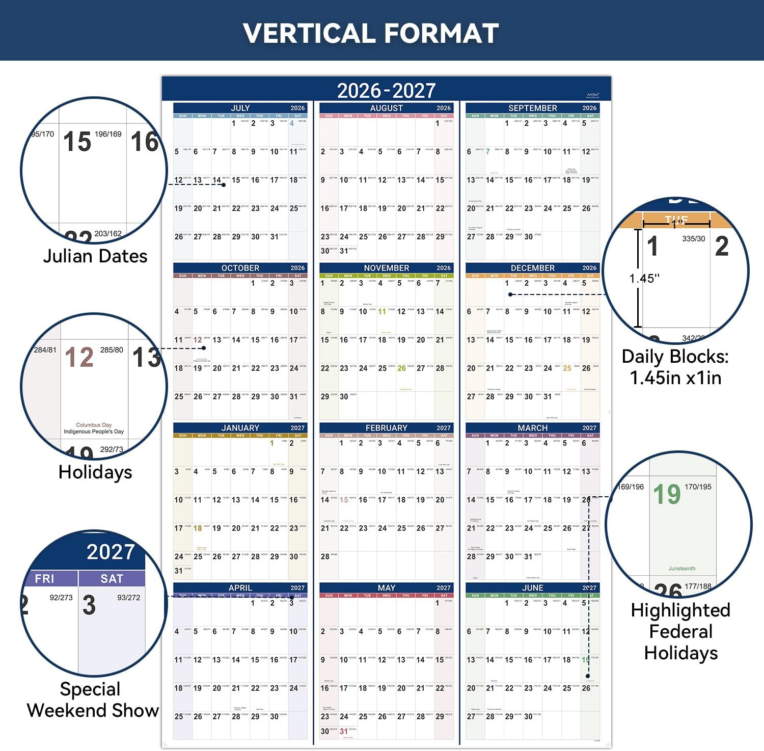 2026-2027 Yearly Wall Calendar - Calendar 2026-2027, JUL 2026 - JUN 2027, Yearly Calendar/Planner, 34.3" x 22.8"(Open), Large Wall Calendar 26-27 with Premium Paper, Double-Sided Small Round Sticks, Azure - Image 4