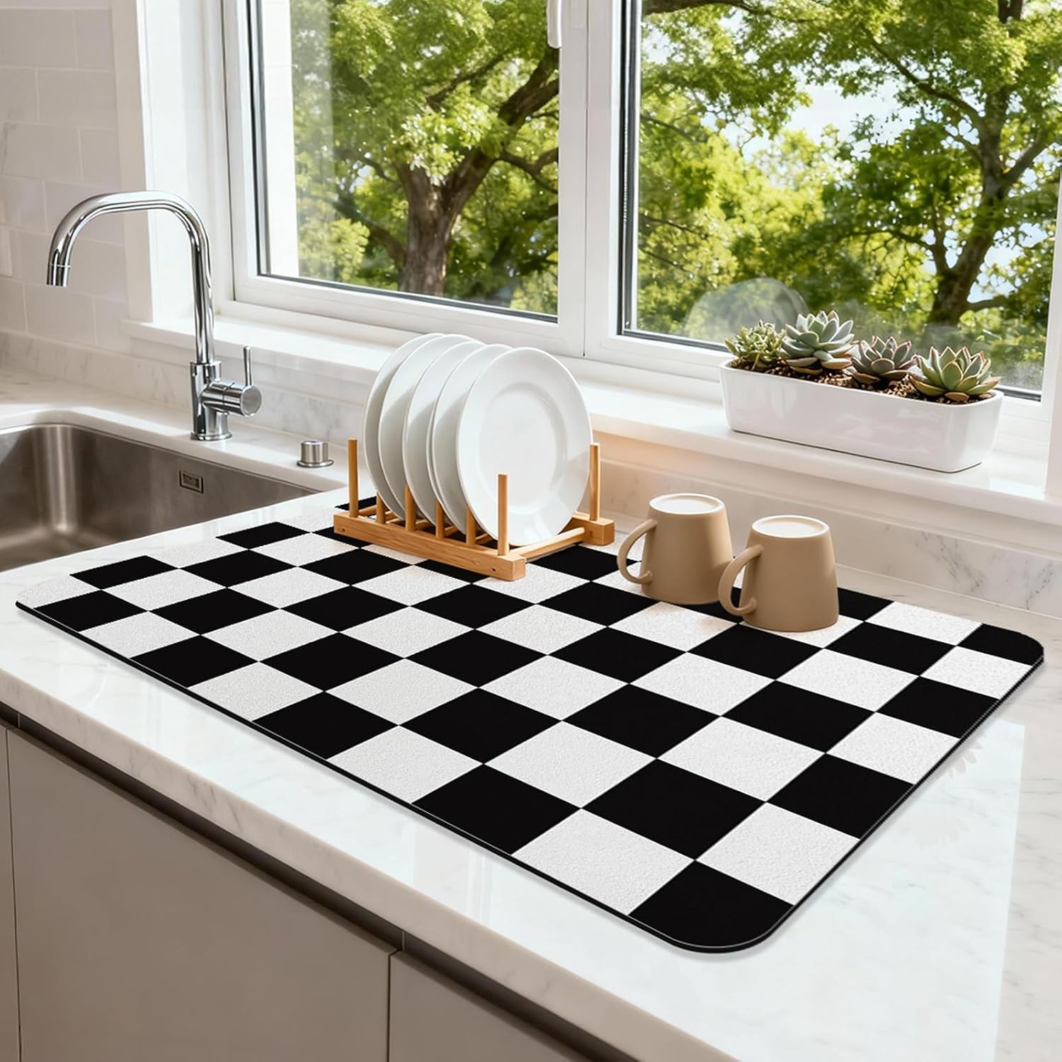 Checkered Dish Drying Mat 24" x 16" for Kitchen Counter Coffee Bar Mat Accessories,Dish Drainer Mat,Fit Uder Pot,Dish Rack,Absorbent Easy Clean (Black)