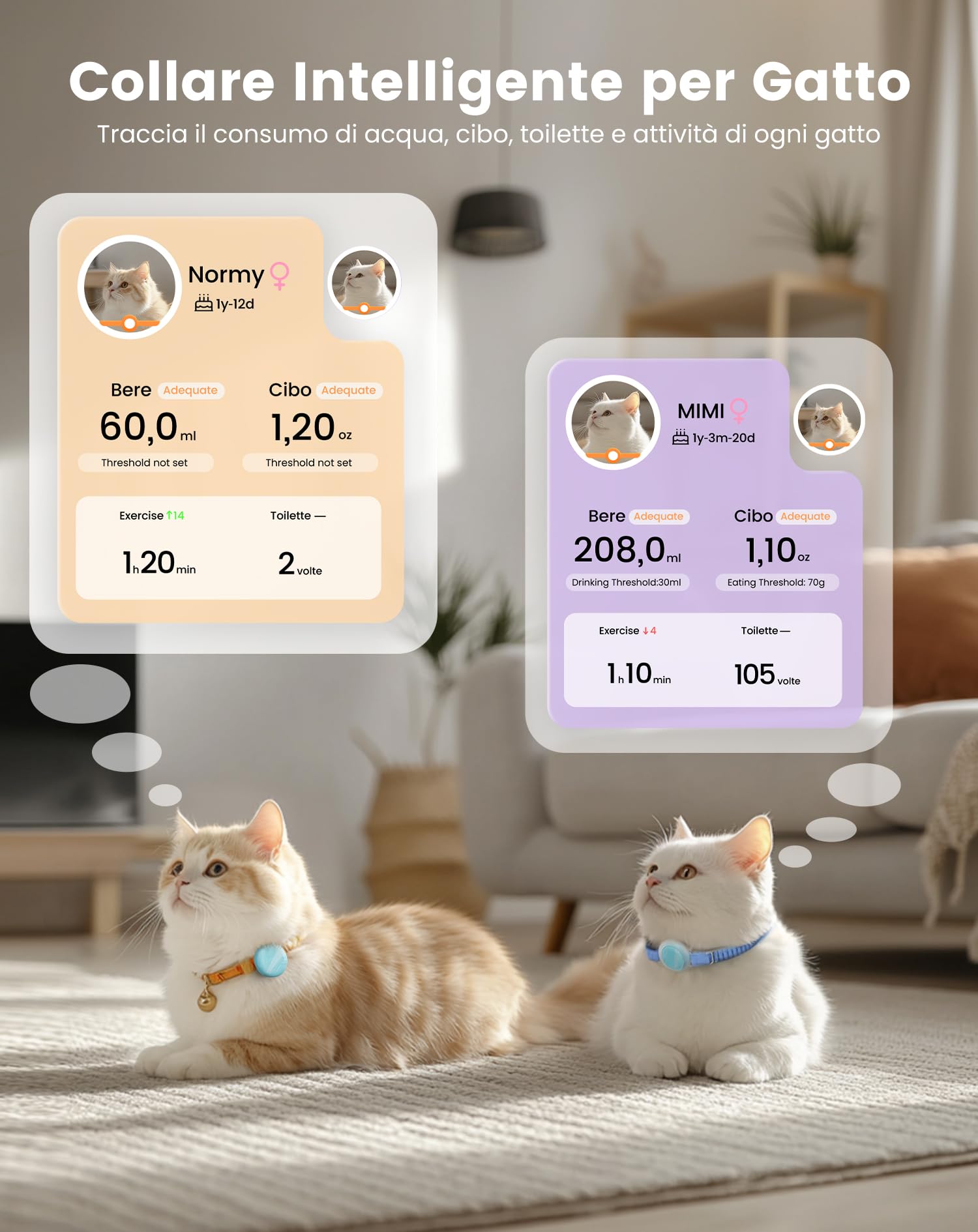 PETGUGU Collare Intelligente Gatto Tracciatore Gatto Monitoraggio di ogni Gatto Per Famiglie con Più Animali Per Fontana Acqua Gatti PF1 Distributore Automatico PF2 Lettiera per Gatti PW5