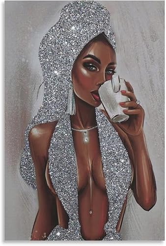 Póster de mujer negra afroamericana con purpurina plateada, impresiones de pared para decoración de dormitorio, pinturas artísticas en lienzo,