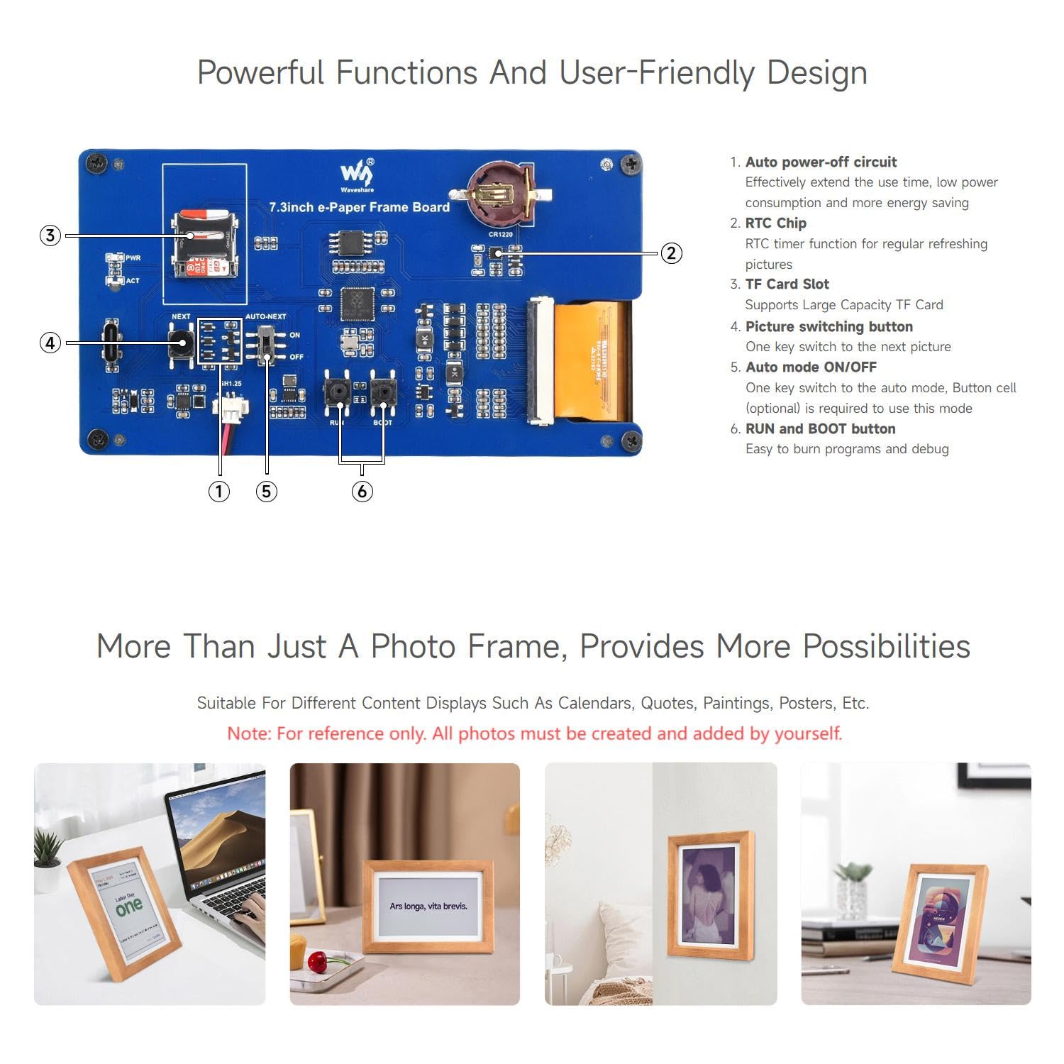 Waveshare 7.3inch ACeP 7-Color E-Paper with Solid Wood Photo Frame, Ultra-Long Standby, 800x480, Suitable for Different Content Displays Like Calendars, Quotes, Posters (Batt are Not Included)