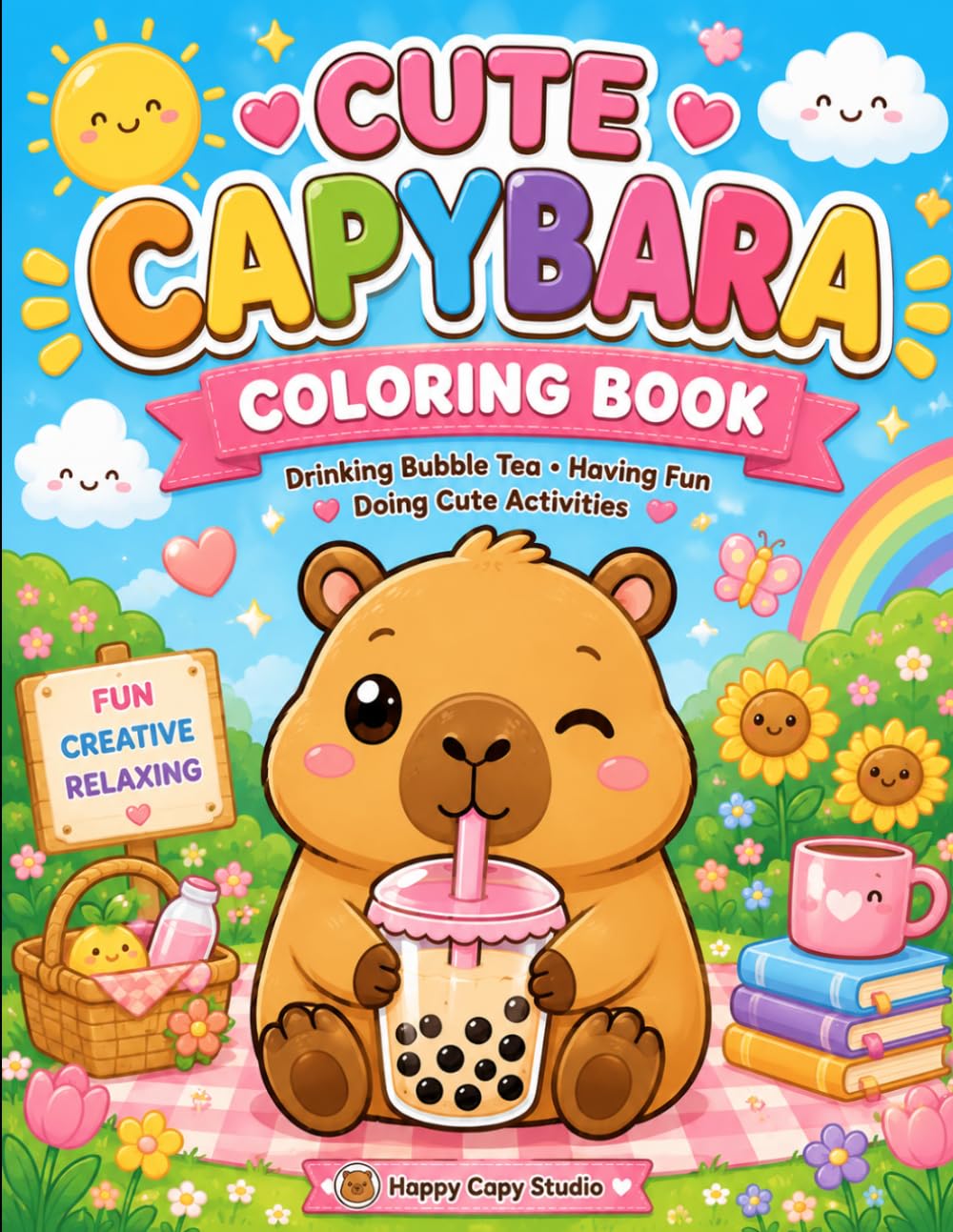 Cute Capybara Coloring Book: 30 Fun and Easy Coloring Pages for Kids Ages 4–8