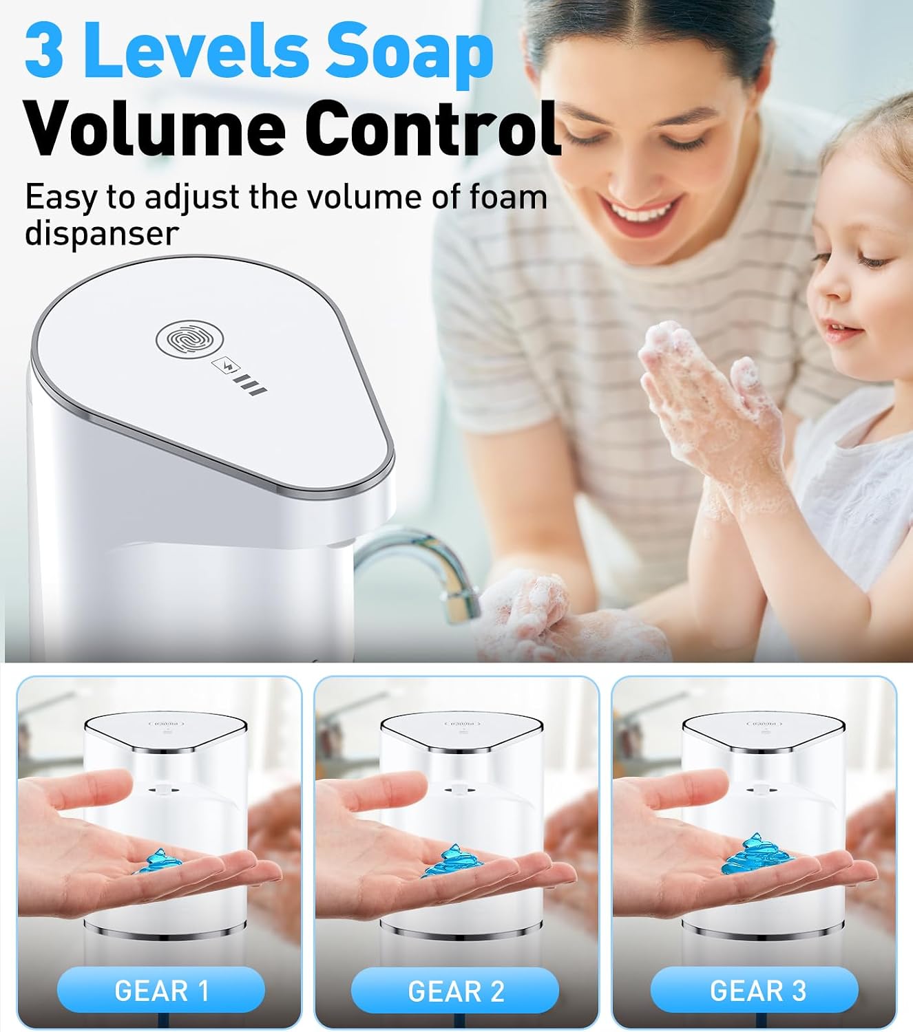 Automatic Soap Dispenser 350ml, Touchless Wall Mount Electric Soap Dispenser for Gel Soap with Infrared Motion Sensor, 3 Adjustable Levels for Bathroom, Kitchen and Office (White)