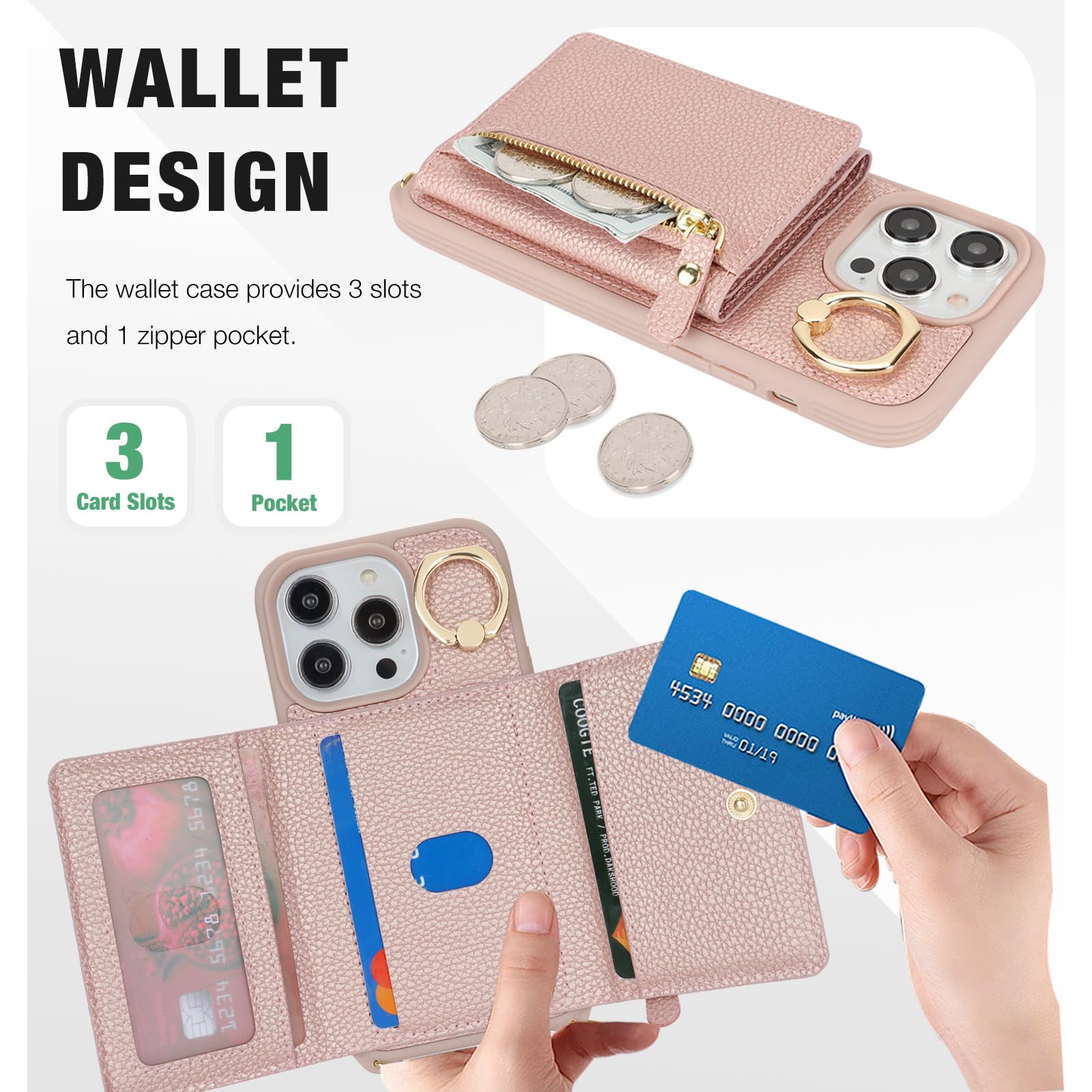 Custodia A Portafoglio Con Cinturino Da Polso Per IPhone 14 Pro, Pelle PU, 6 Slot Carte E Supporto