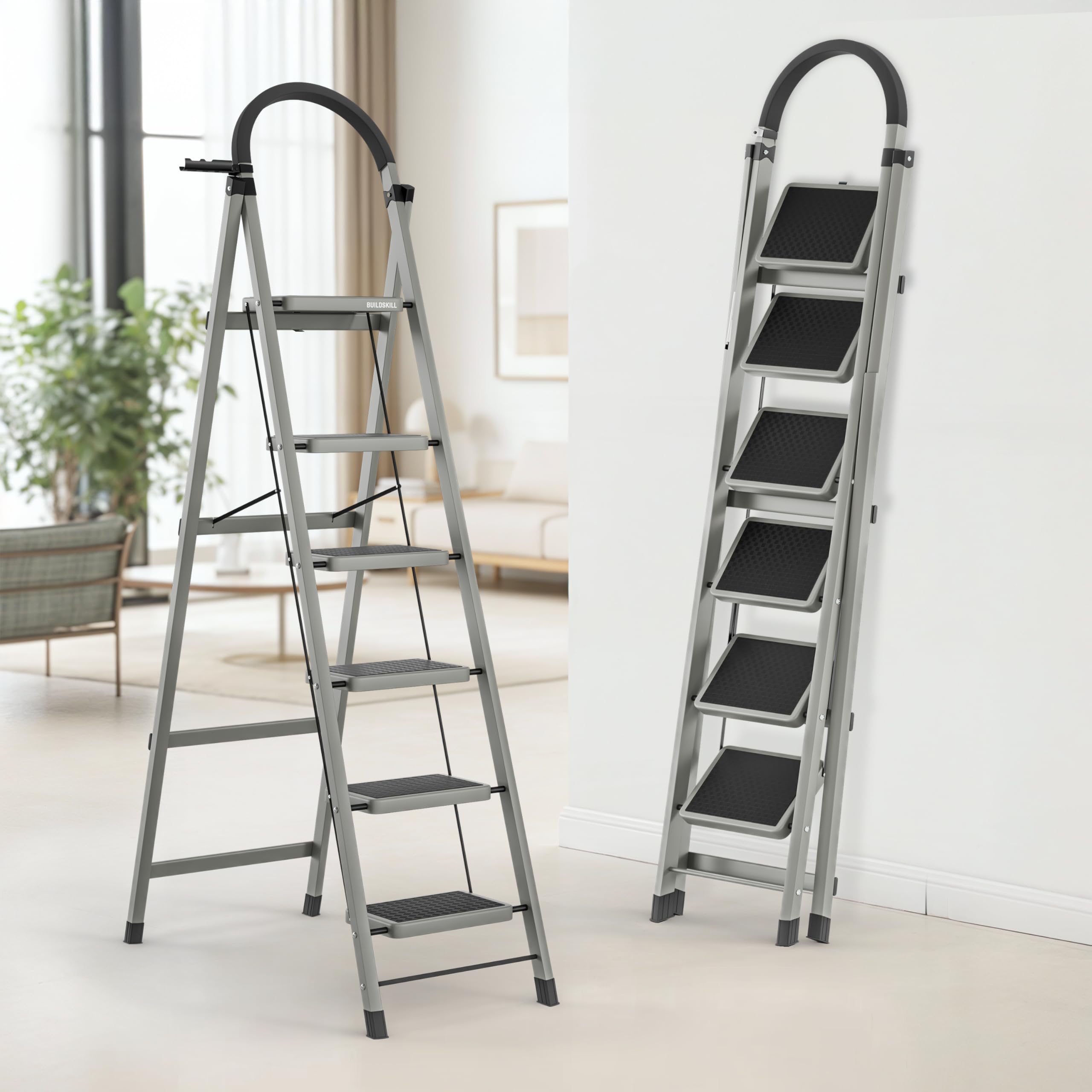 BUILDSKILL Ladder for Home 7 Steps Foldable with Built-in Tool Tray | Heavy Duty D Shape Rods | 20 x 30cm Large Platform | Wide Rubber Feet | Secure Lock | 150Kg Capacity - 5 Years Warranty — Amazon image 15