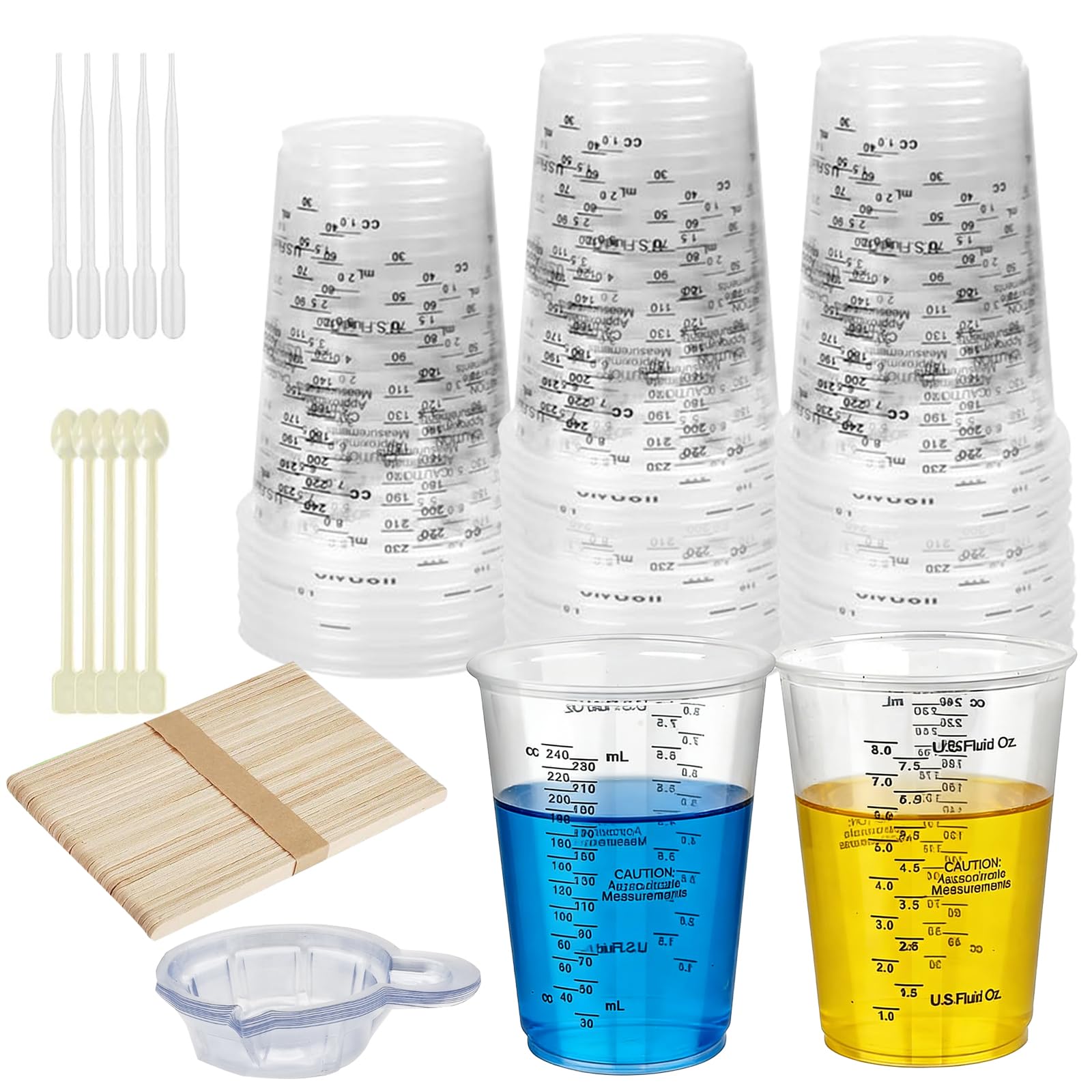Epoxy Resin Mixing Cups, 50 Pcs Measuring Cups for Resin, 240ml/8oz Plastic Measuring Cup with Wooden Stirring Sticks and Paint Mixing Cup & Pipette for Liquids Mixings Resins Paint Pigment