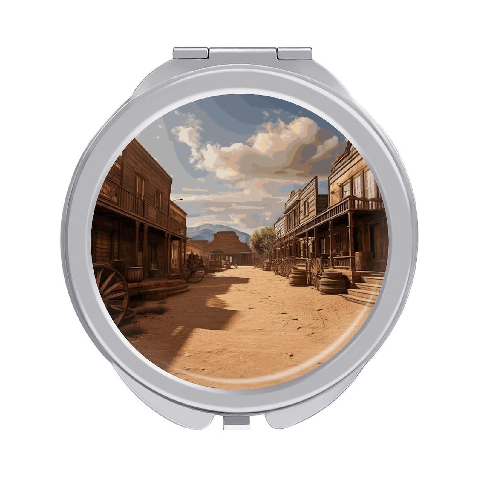 Fekiloot Style Old Wild West Cowboy Town Travel Makeup Mirror Handheld Compact Mirror Portable Pocket Mirror Double-Sided 1X/2X Magnifying For Handbag And Purses