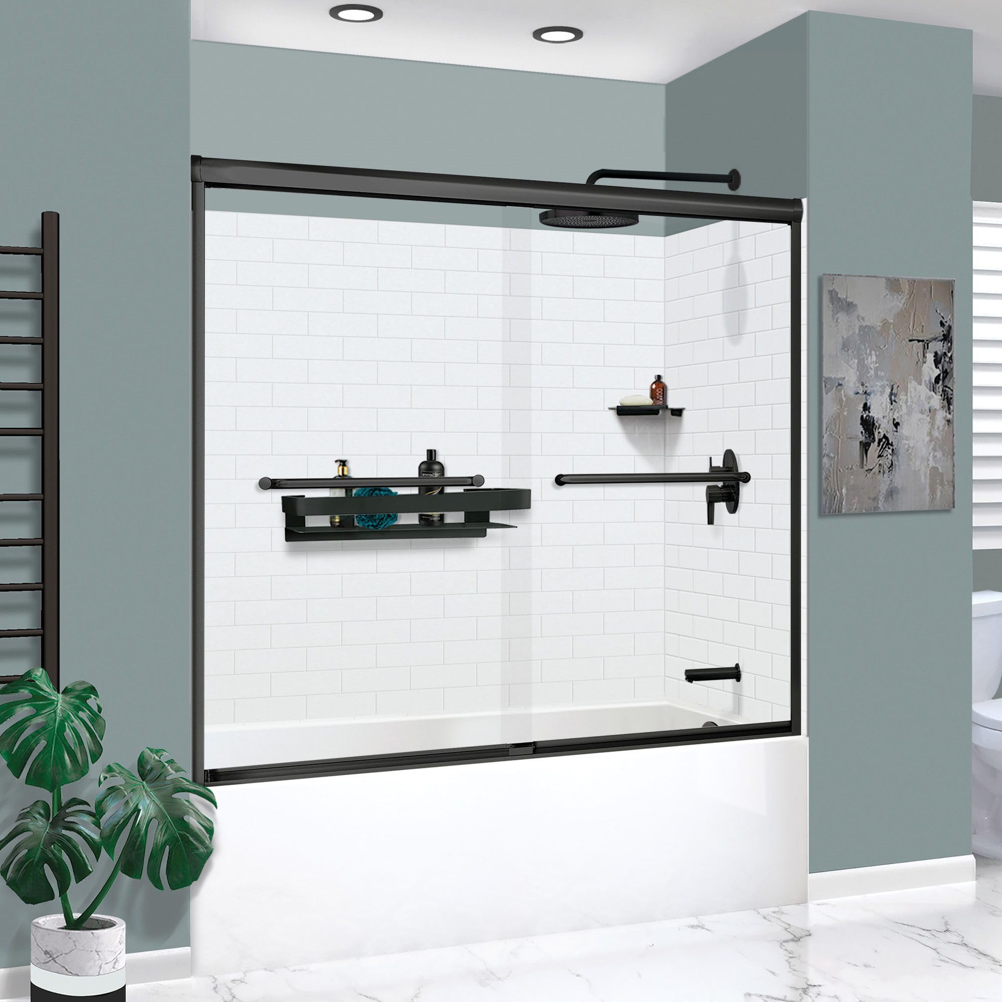 Transolid KTAFS603660R-21MB 60-in x 36-in x 80-in 7-Piece Glue-on Saramar Shower/Tub Kit with Door Faucet and Accessories (White/Matte Black)