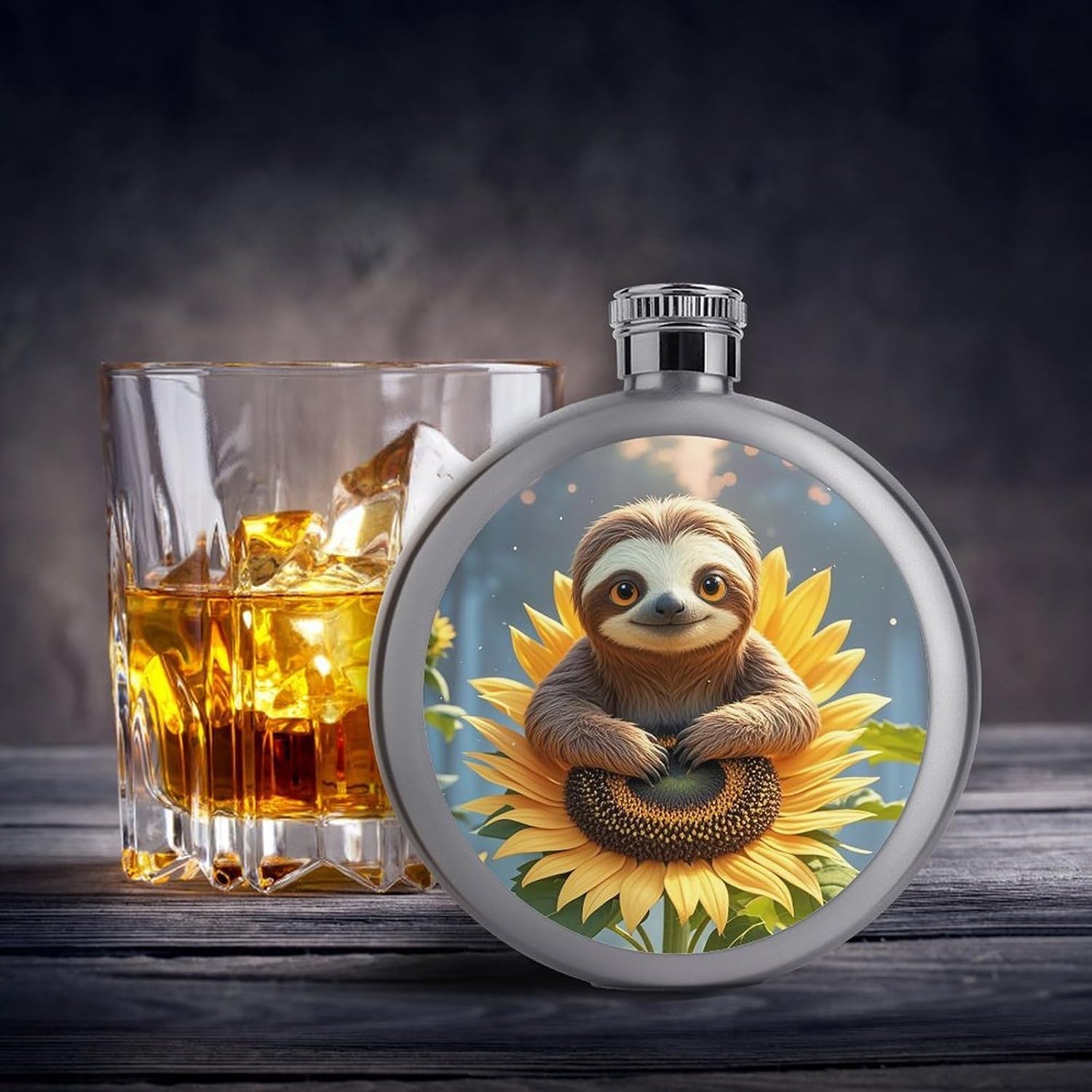Cartoon Sloth Sitting on Sunflower Stainless Steel Flagon to 5 Oz with Screw Cap,Hip Flask for Men–Whiskey & Liquor Pocket Flask,Alcohol Flagon for Camping Drink Sports Outdoor Wine Bottle