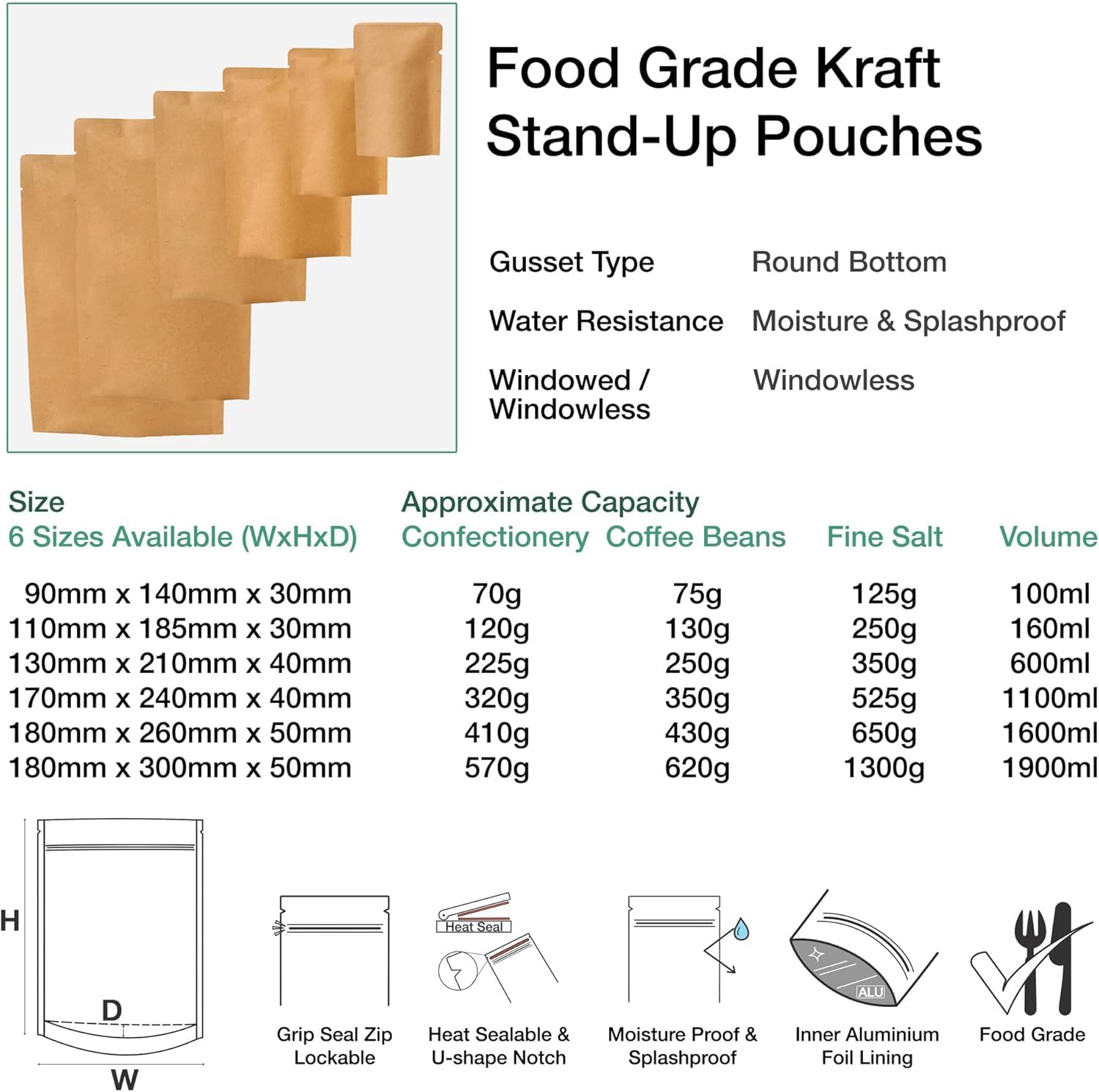 Evergreen Goods - Bolsas reutilizables para alimentos (110 x 185 mm), bolsas de alimentos resellables con forro de papel de estraza con cierre de cremallera, sellado térmico, muesca de desgarro y