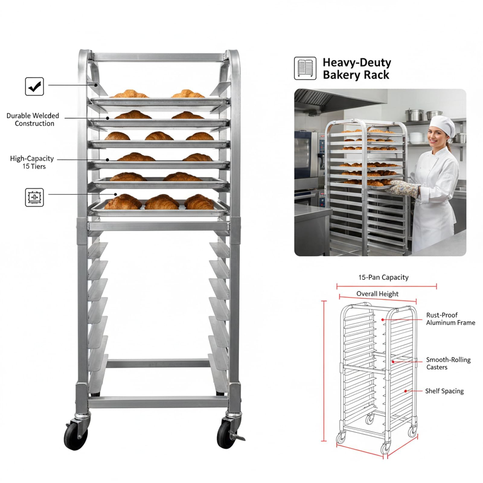 Garvee Carrello in alluminio per panetteria, 15 livelli, con ruote girevoli bloccabili, scaffale mobile per teglie da forno, uso professionale e domestico, 38 x 43 x 102 cm