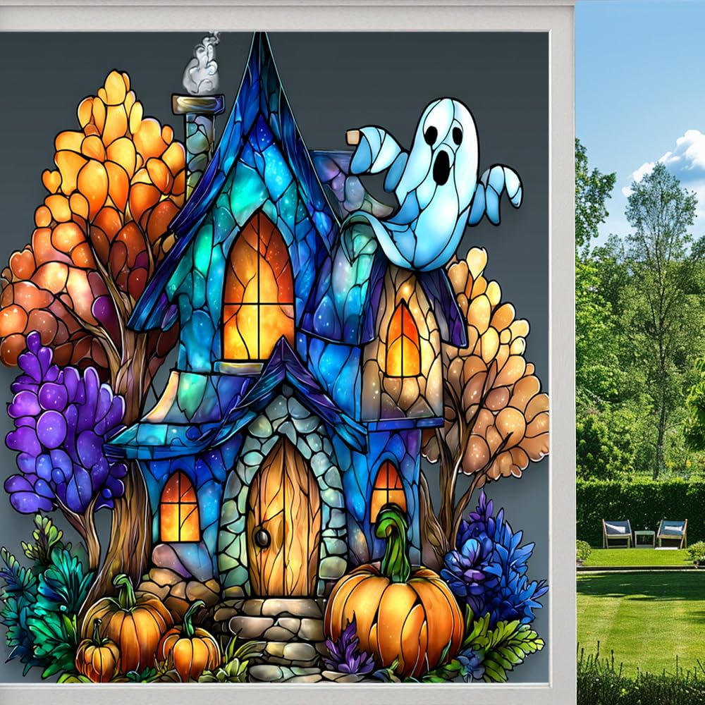 Mystery Castle Frosted Window Film, Halloween Pumpkin Night Scene Stained Glass Privacy Film, Heat Insulation Self-Adhesive Vinyl for Bathroom Office,（45x90cm）