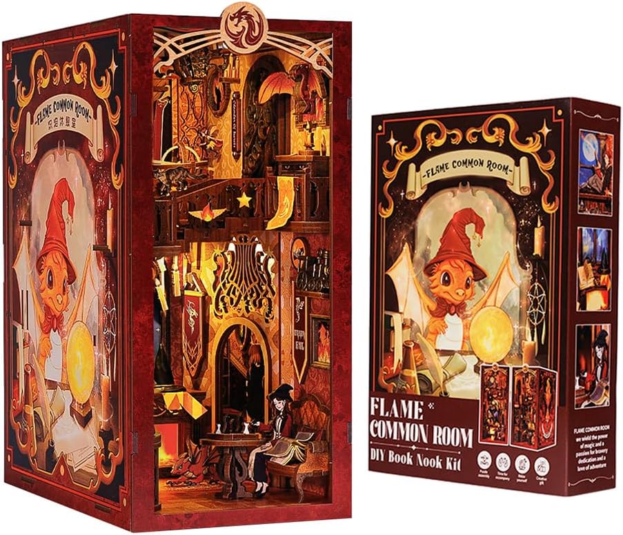 CUTEBEE Mini Casa de Muñecas DIY con Muebles y Luz LED - Flame Common Room 3 CUTEBEE Casa de muñecas en Miniatura con Muebles,DIY Book Nook Miniatura de la Casas de Muñecas Kit de rincón de Libros a Prueba de Polvo y con luz LED(Flame Common Room) - ¿Vale la pena?