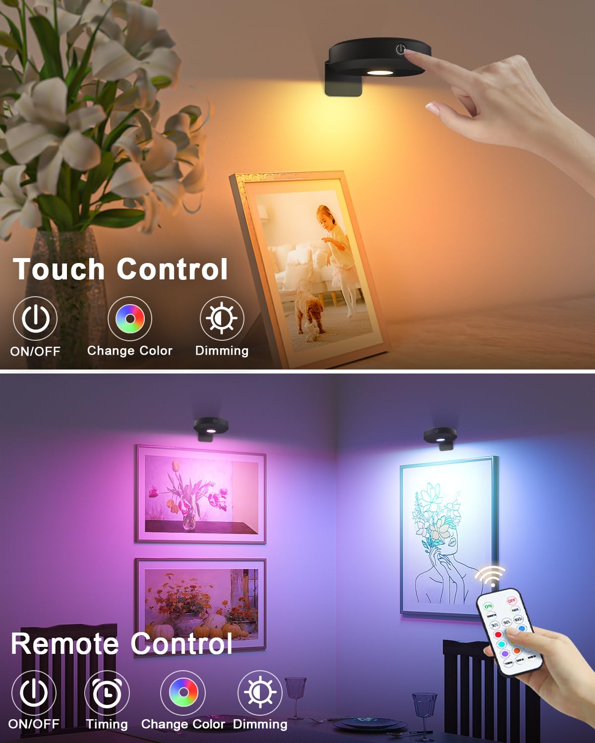 Lampada Da Quadro LED Ricaricabile WILLED – Senza Fili, 3 Temperature Di Colore, Telecomando E Timer, Pacco Da 3, Nero