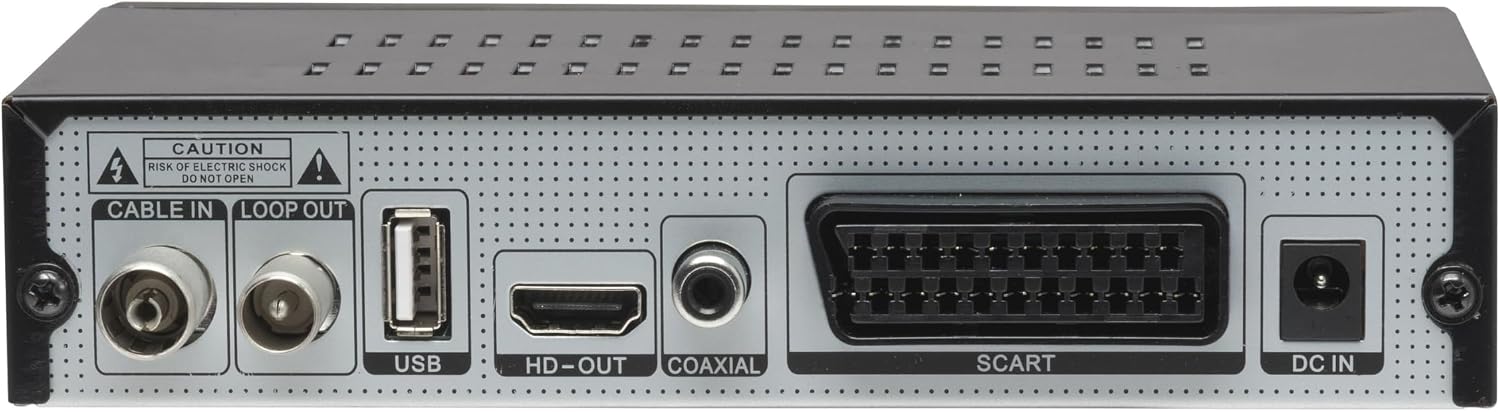 Rear view of the Denver DVBC-120 Cable TV Receiver showing all connection ports: Cable In, Loop Out, USB, HD-OUT (HDMI), Coaxial, SCART, and DC IN.