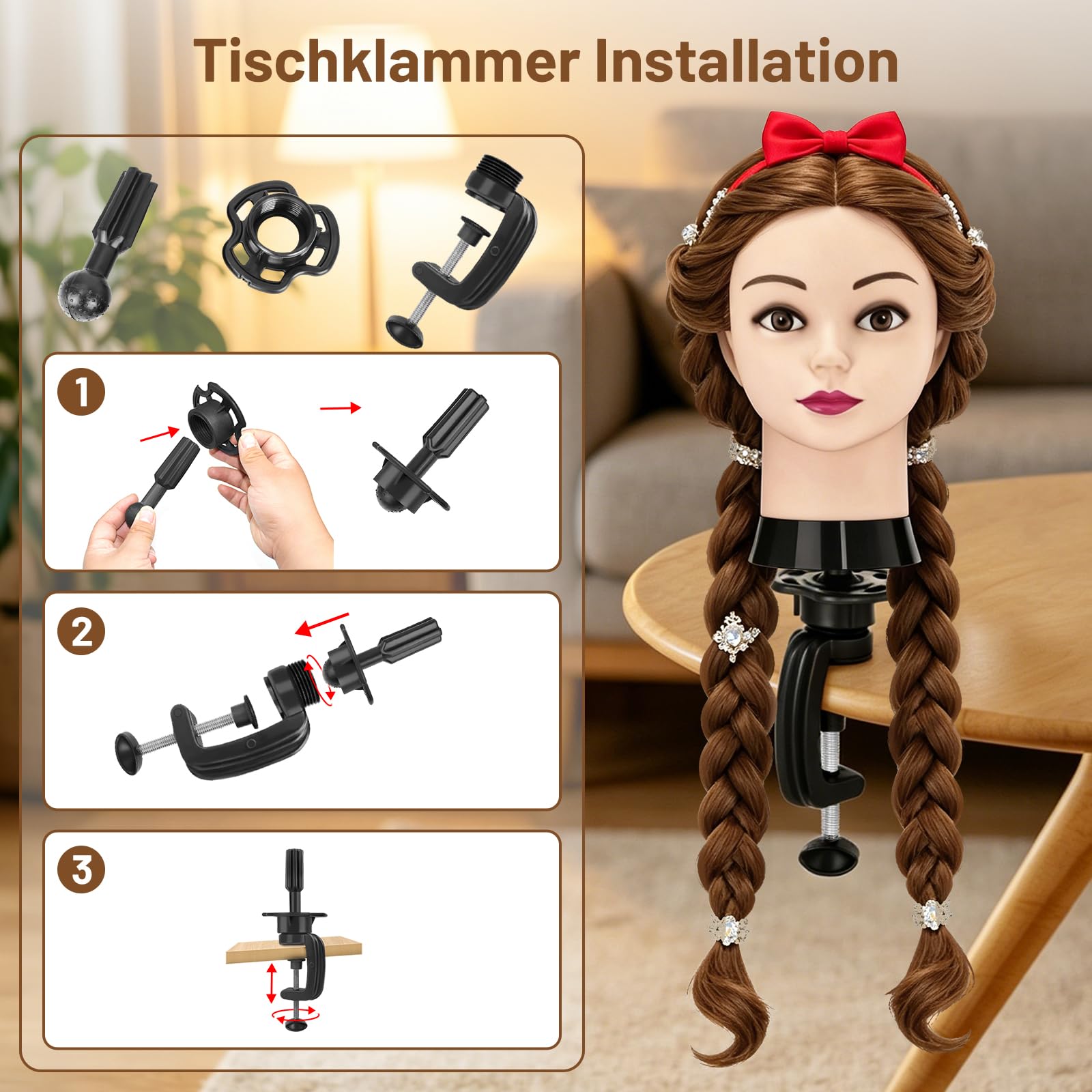 TwoWin Frisierkopf 80% Echthaar, Übungskopf 24 Zoll /60cm Friseurkopf, Trainingskopf für Friseure für Styling & Friseurpraxis mit Tischhalter + DIY Haare Frisuren Set (Braun)
