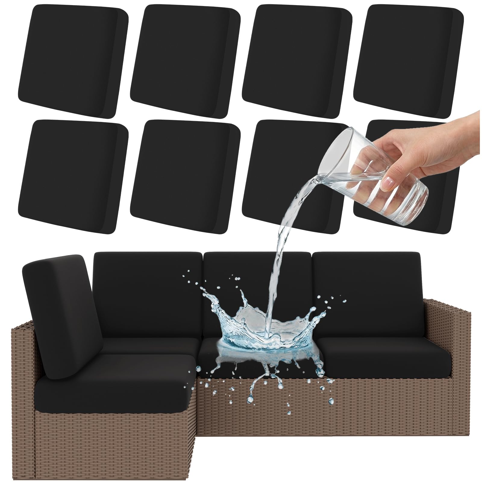 Photo 1 of Smiry Waterproof Patio Cushion Covers, Stretch Outdoor Couch Slipcovers Replacement Washable Furniture Protector Sofa Chair Seat Cover for Dogs and Pets (8 Pcs, Black)
