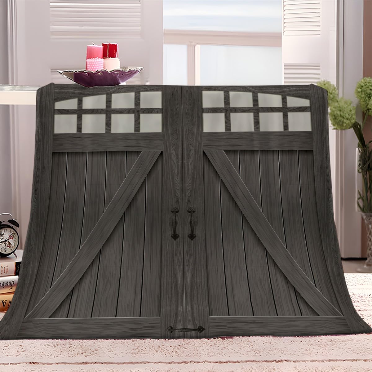 Manta de forro polar retro con puerta de madera, 220 x 240 cm, mullida, suave, cálida, acogedora, manta de viaje para dormitorio, sala de estar, oficina