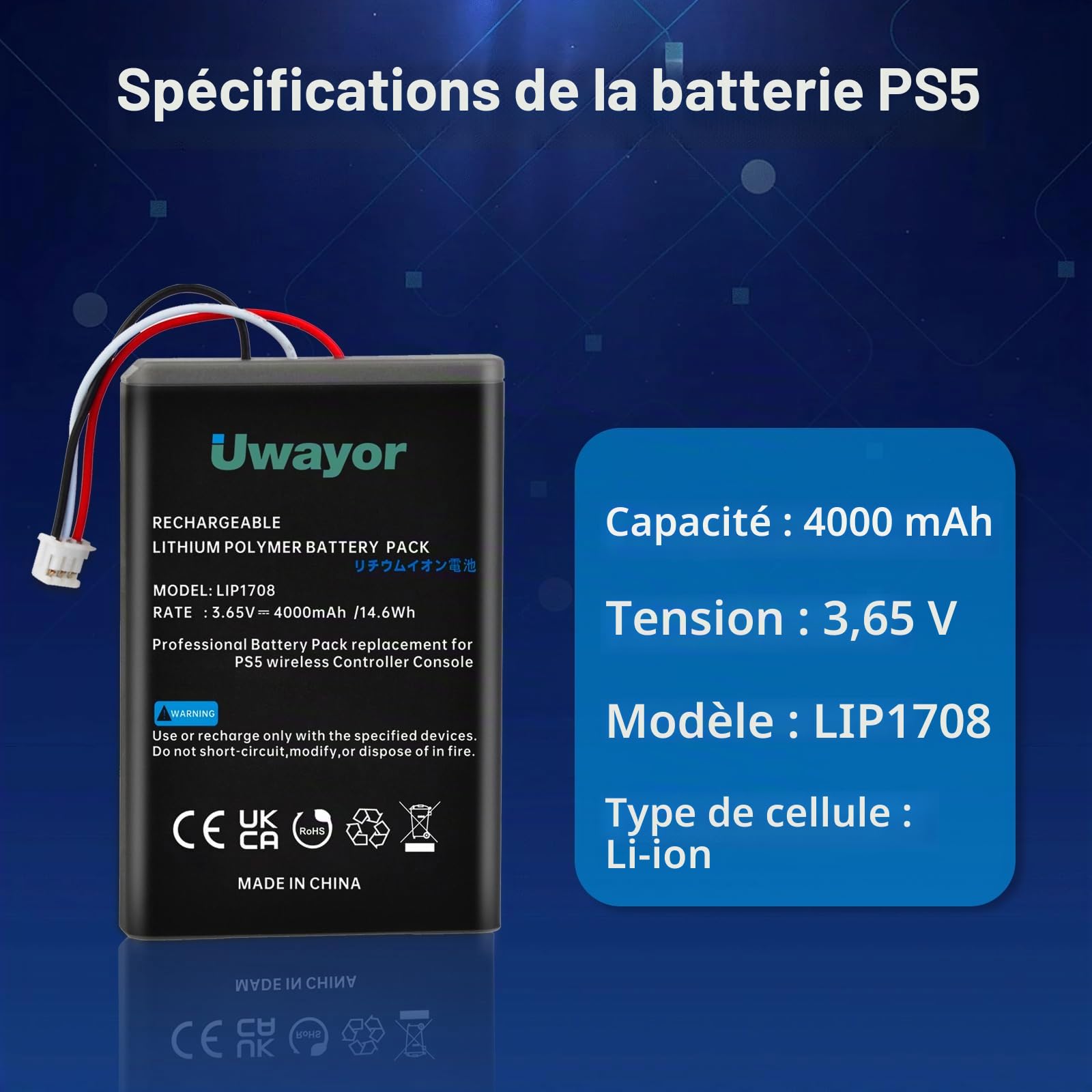 Lot de 2 Batteries de Rechange 4000 mAh pour Manette PS5, LIP1708, pour Sony PlayStation 5 DualSense CFI-ZCT1W
