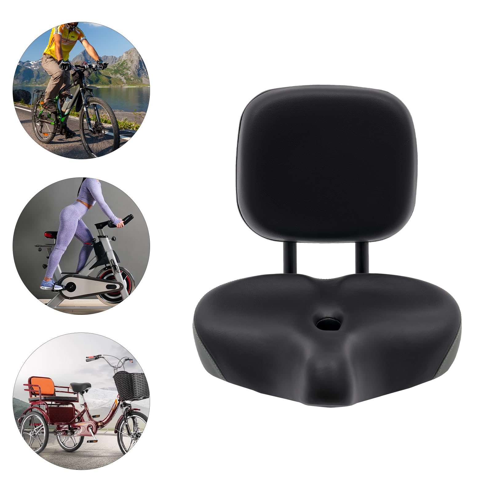Sillín de bicicleta con respaldo, asiento ergonómico de triciclo ajustable, cómodo asiento de bicicleta para adultos y mayores, ancho 33 cm, cojín con ventilación, hasta 100 kg, color negro y gris