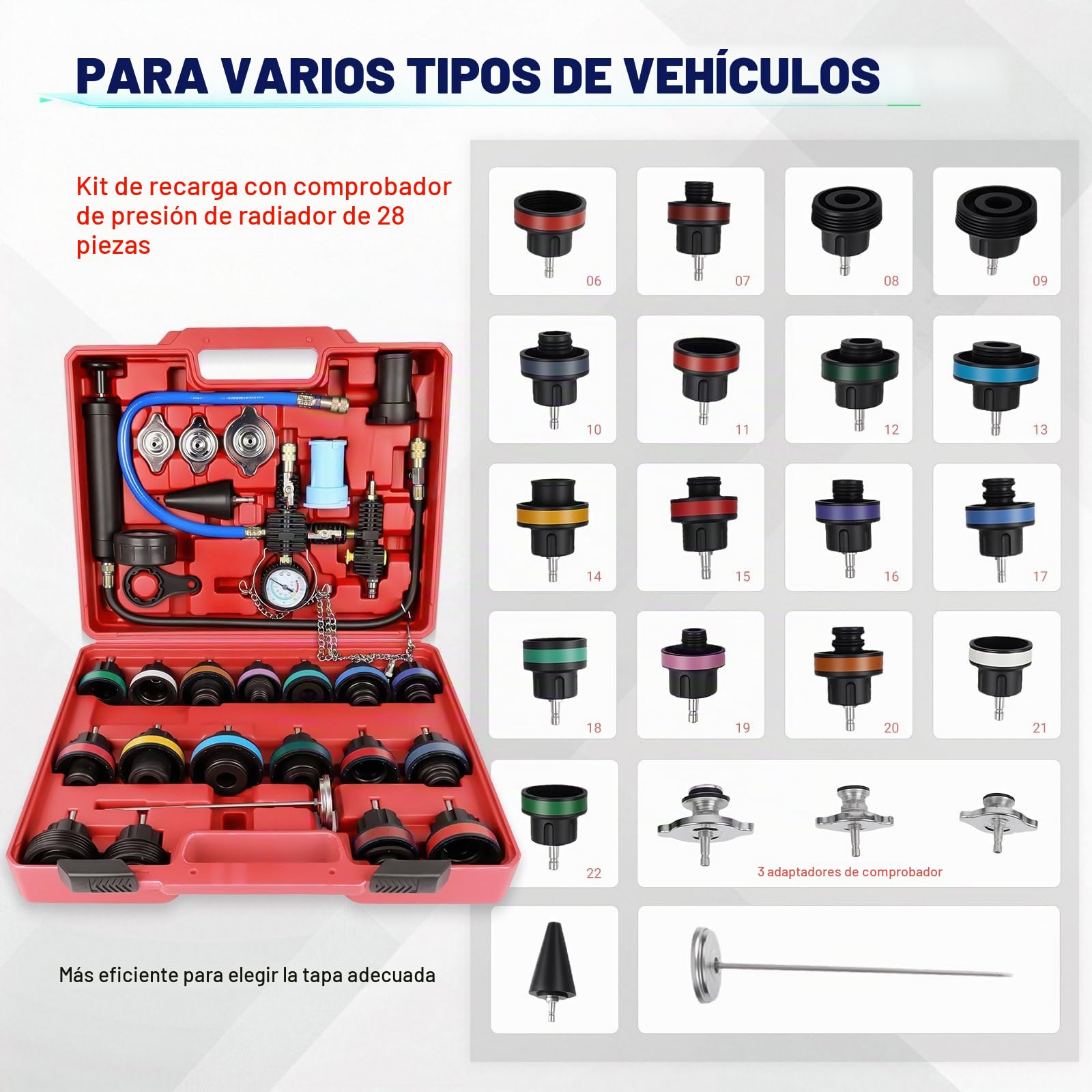 OiLiehu Kit de Probador de Presión de Refrigerante 28 Piezas, con Herramienta de Purga y Llenado, 17 Adaptadores Metálicos para Coches, Color Rojo