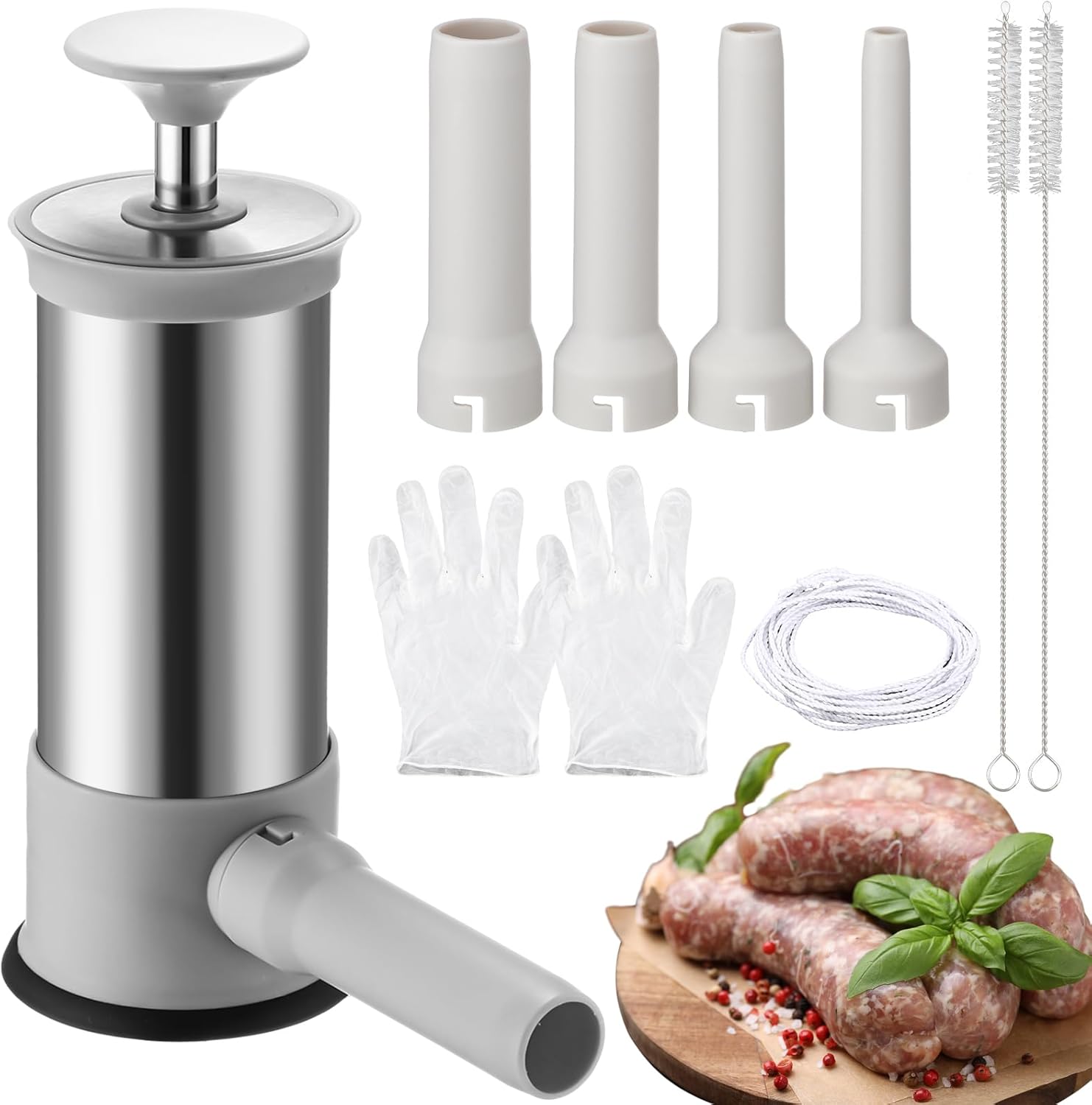 Sausage Stuffer Machine with 4 Stuffing Tubes Gloves Brushes Cotton Threads Meat Filling Homemade Manual Vertical Sausage Maker Tool Kit for Household Kitchen, 2.2 LBS Large Capacity