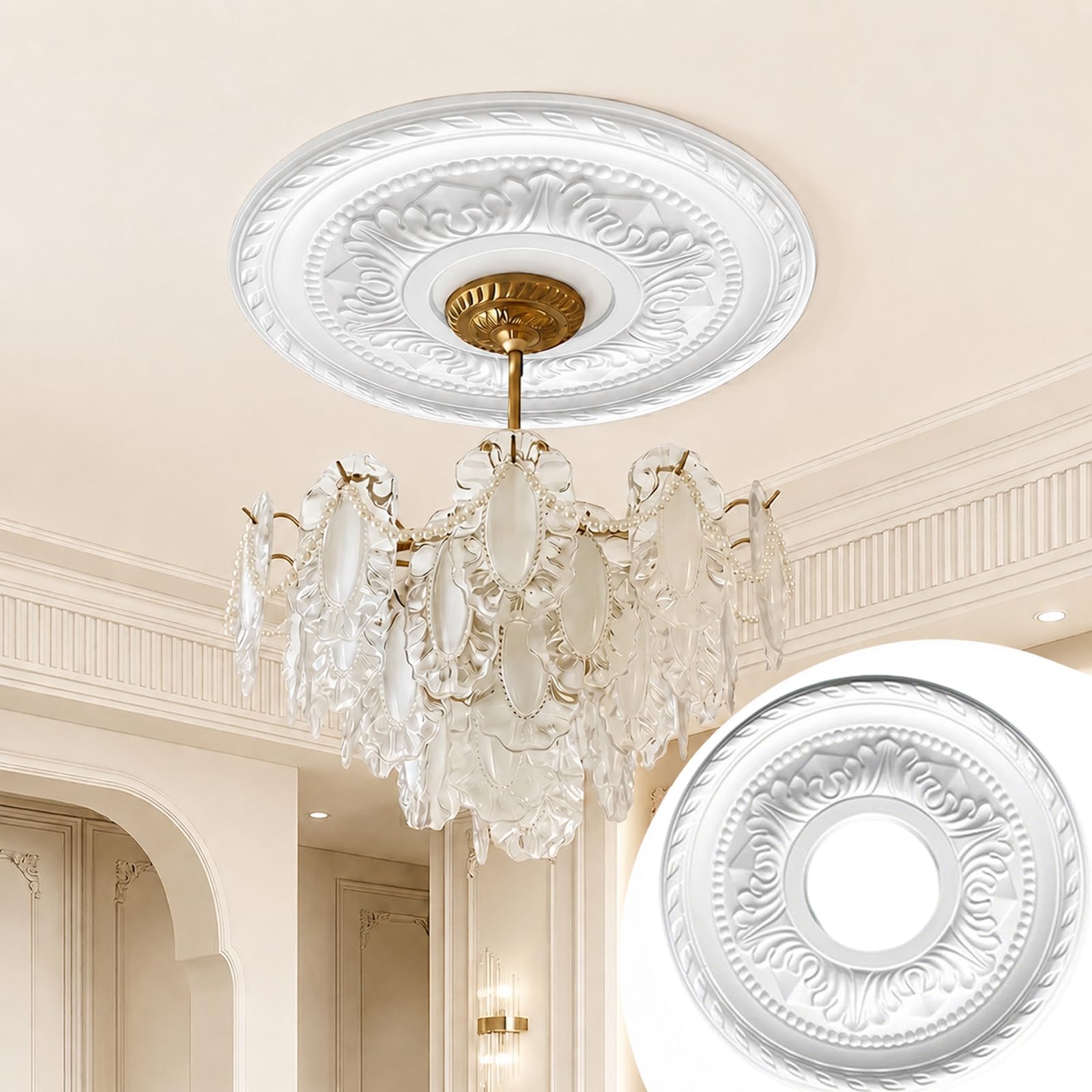 CBBEONRN PU White Ceiling Medallion Round Home for Light Fixtures And Ceiling Fans White,31cm OD x 9cm ID
