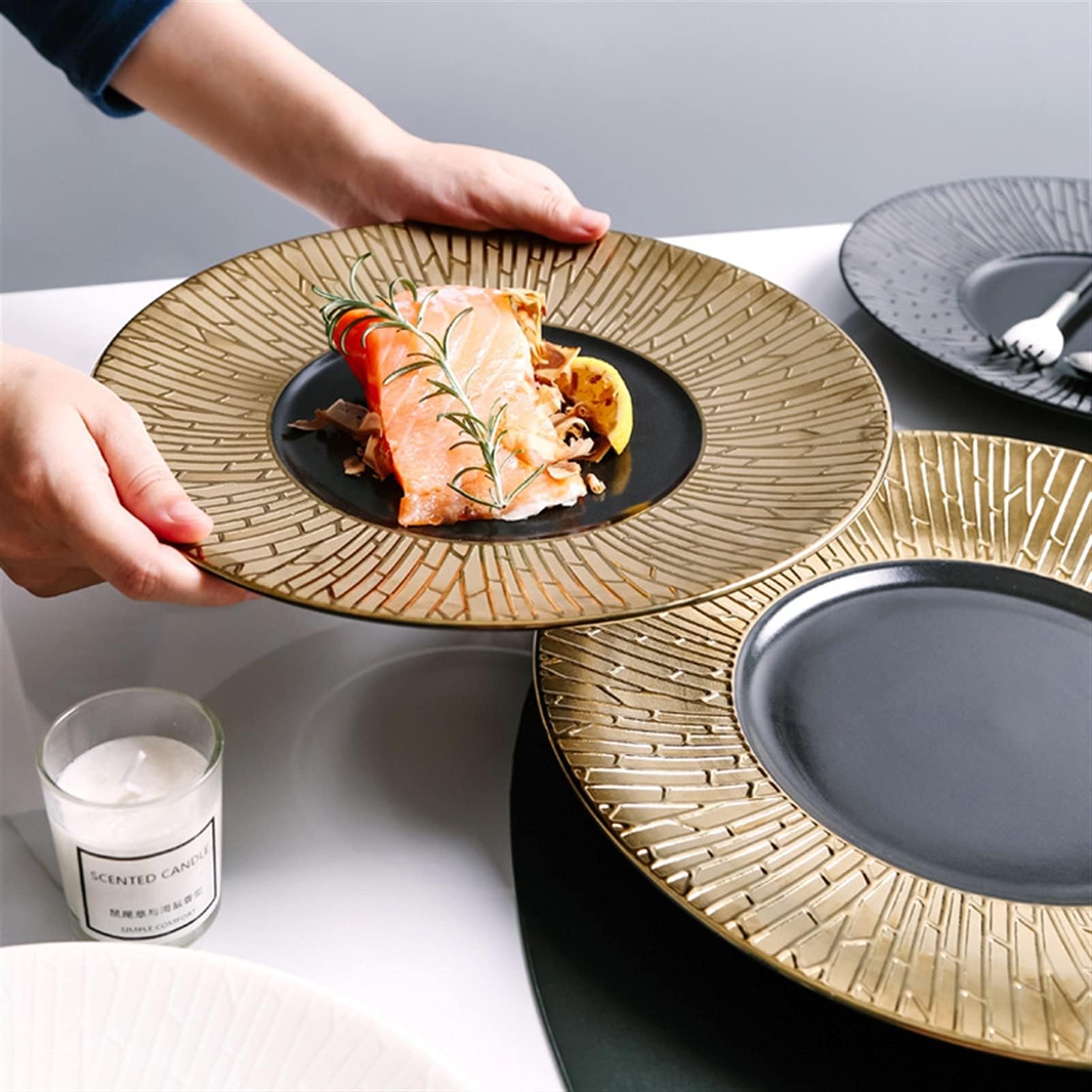 Talerz obiadowy Wysokiej jakości ceramiczny talerz obiadowy w kolorze złota i srebra, zestaw talerzy do steków, artystyczna koncepcja, kreatywne naczynie restauracji hotelowej(11)