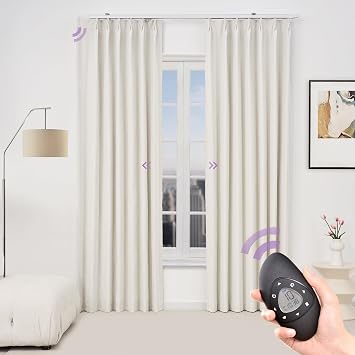 Graywind Smart Curtain Set Compatible with Alexa Google Remote Control Hardwired Motorized Max Blackout Drape Complete Set with Track Motor and PanelsGreamy White, 50W x 108L Inch, 2 Panels