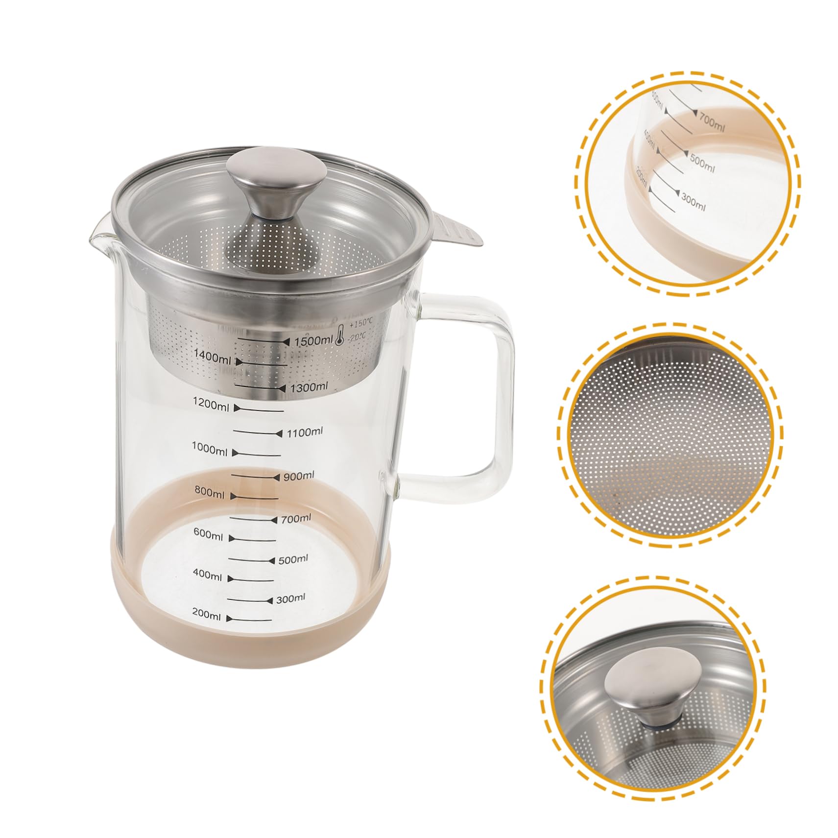 SOLUSTRE Caraffa in Vetro 1500ml Filtro a Maglia Fine in Acciaio Inox e Silicone, Utile Strumento da Cucina per Filtrare Latte di Soia e Succhi