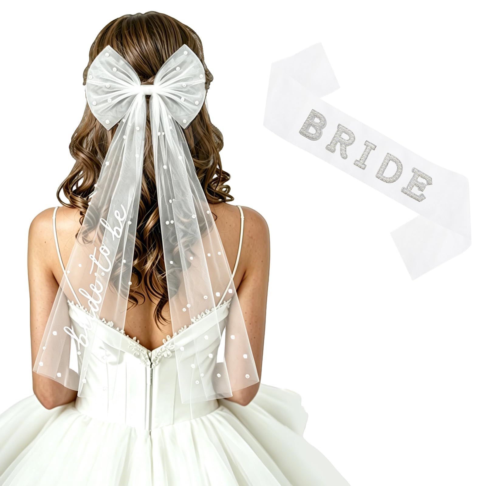 Bride to Be Veil and Sash, White Pearl Tulle Bridal Shower Accessories for Bachelorette Hen Party Engagement Photo Gifts (Style B)