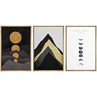 SIGNWIN Framed Canvas Print Wall Art Trio of Mountains & Moon Phases Nature Wilderness Illustrations Modern Art Minimalist Scenic Dramatic Dark for Living Room, Bedroom, Office - 16