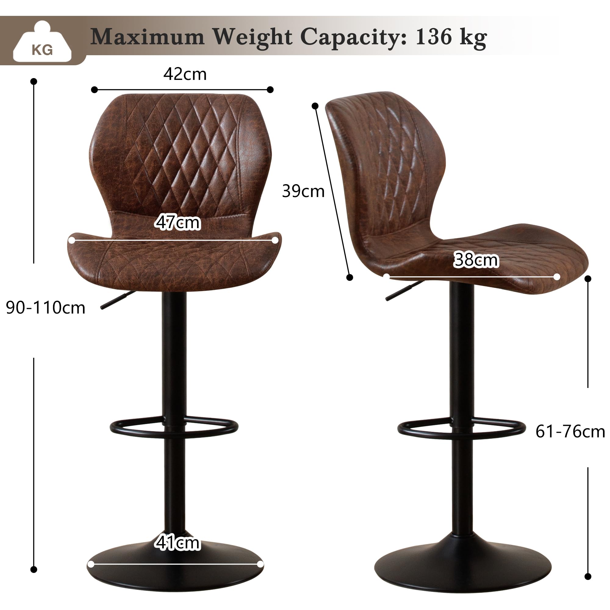 Barhocker,Bar Stühle mit Lehne, 360°Drehstuhl Küchenstuhl, Höhenverstellbar, PU-Kunstleder, für Esszimmer Heimbar Kücheninsel (Brown, 1 PCS)