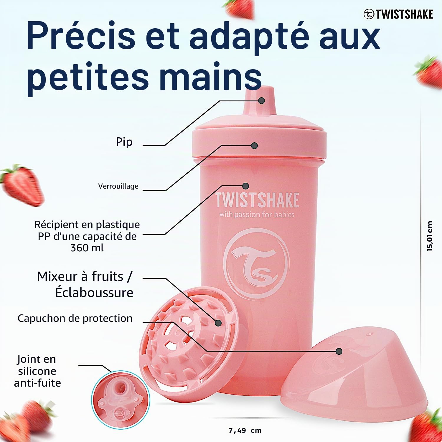 Twistshake Kid Cup – Biberon Anti-Fuite avec Bec Dur et Mélangeur de Fruits 360 ml – Bouteille d’Entraînement pour Tout-Petits – Bouteille d’Eau Anti-Déversement – Sans BPA – Rose