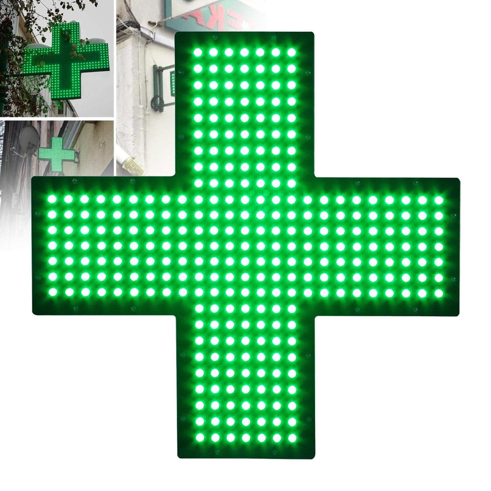 Doble Función Cruz Farmacia – Luz Verde Brillante para Clínicas y Tiendas, Diseño Resistente a la Intemperie,30x30cm