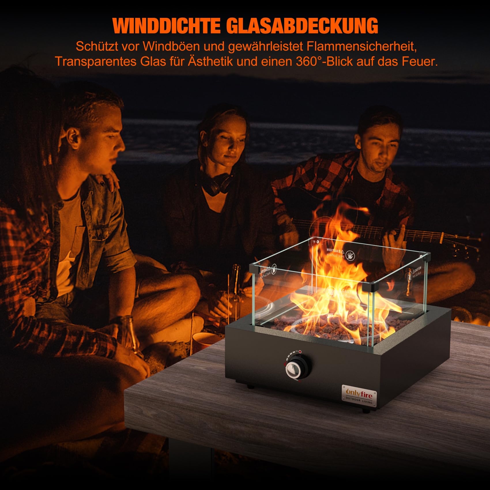 Onlyfire Tisch Gas Feuerstelle, Quadratische Outdoor Feuertisch mit Glaswindschutz, Lavastein und Hinterem Lufteinlass, Multifunktional Tischfeuer für Heizung, BBQ Grill & Ambientebeleuchtungen